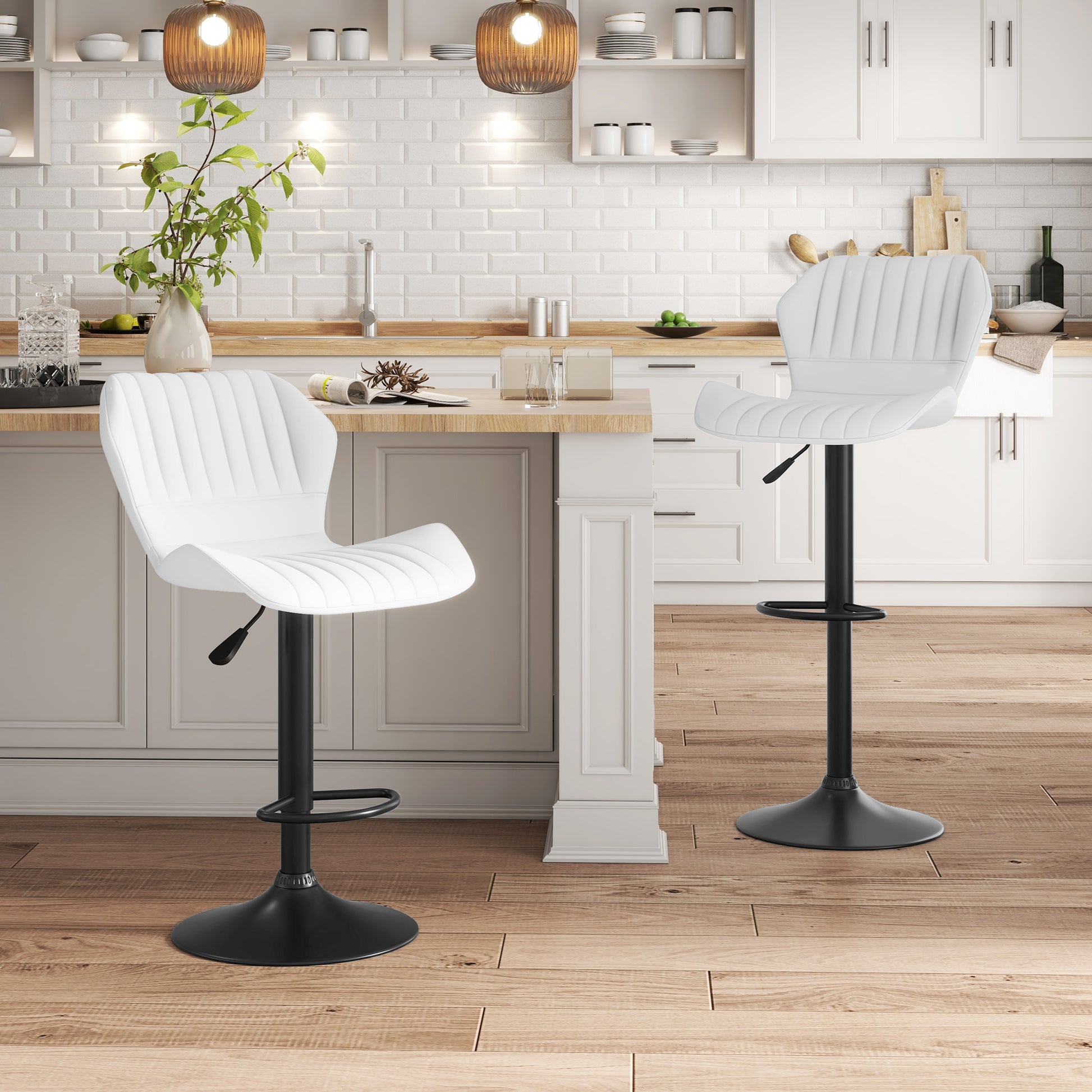 Shell Back Bar Stool Set of 2, PU Leather Adjustable Swivel Barstools with Chrome Base and Footrest for Kitchen Counter, Pub, White Bar Stools   at Gallery Canada