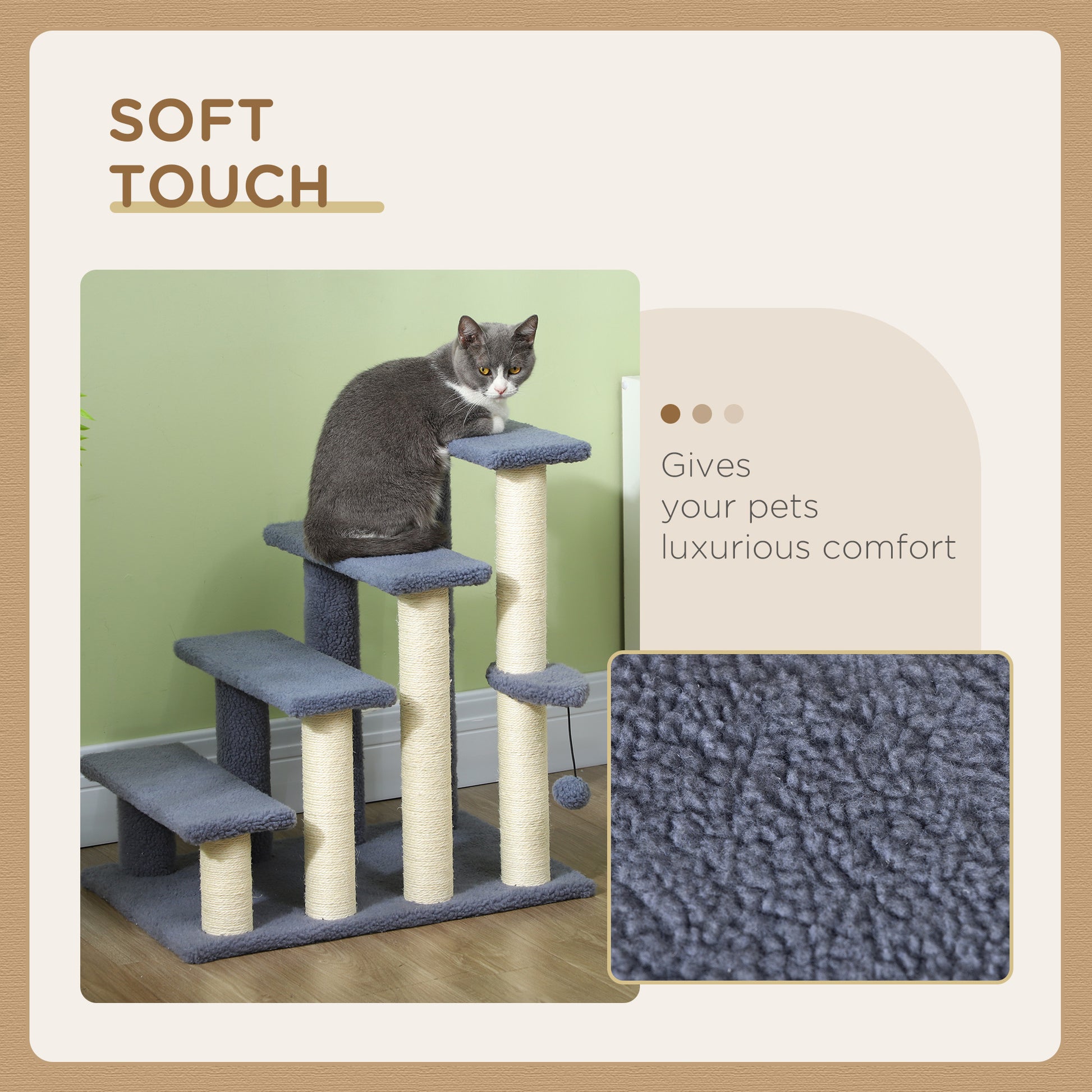 4 Step Cat Tree Stairs with Cat Scratching Post, Jumping Platform, Toy Ball, Grey Cat Stairs   at Gallery Canada