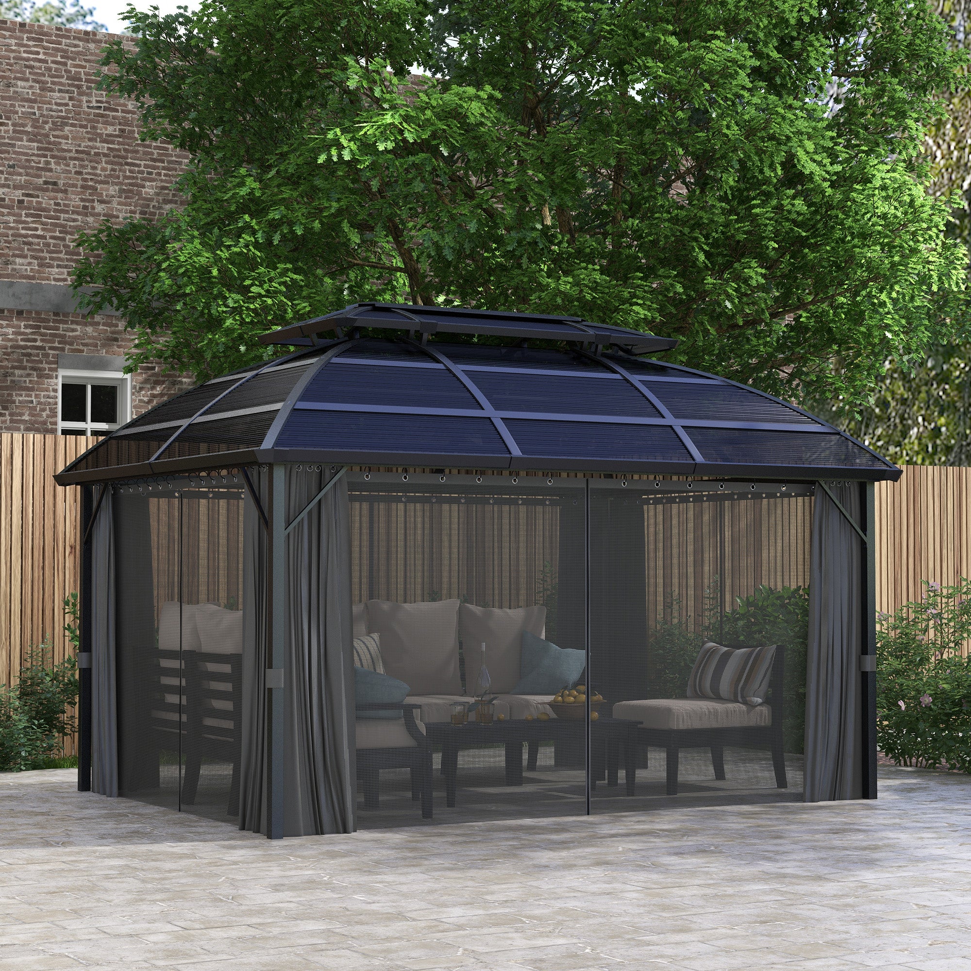 13' x 10' Patio Gazebo, Double Roof Outdoor Gazebo Canopy Shelter with Curtains and Aluminium Frame for Garden, Black Gazebos at Gallery Canada