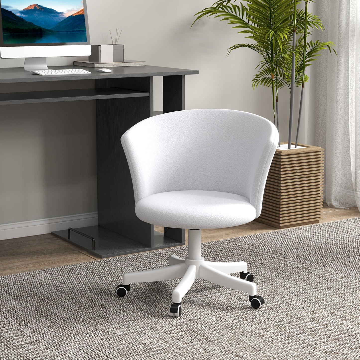 Armless Office Chair, Fluffy Computer Desk Chair with Adjustable Height, Swivel Wheels, Mid Back, White - Gallery Canada