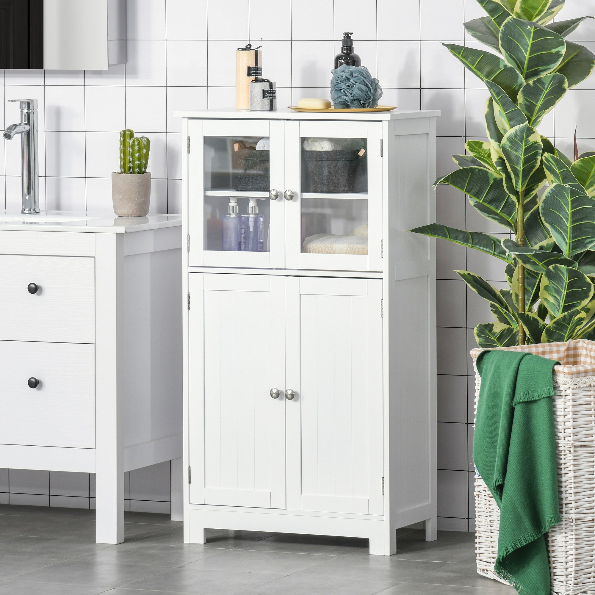 Tempered Glass Door Bathroom Floor Storage Cabinet with Adjustable Shelf, White Bathroom Cabinets   at Gallery Canada