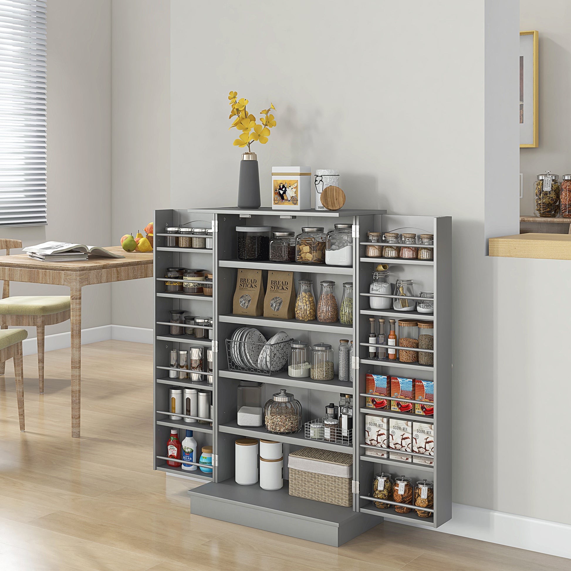 41" Storage Cabinet, 2-Door Kitchen Pantry Cabinet with 5-tier Shelving, 12 Spice Racks and Adjustable Shelves, Grey Kitchen Pantry Cabinets Grey  at Gallery Canada