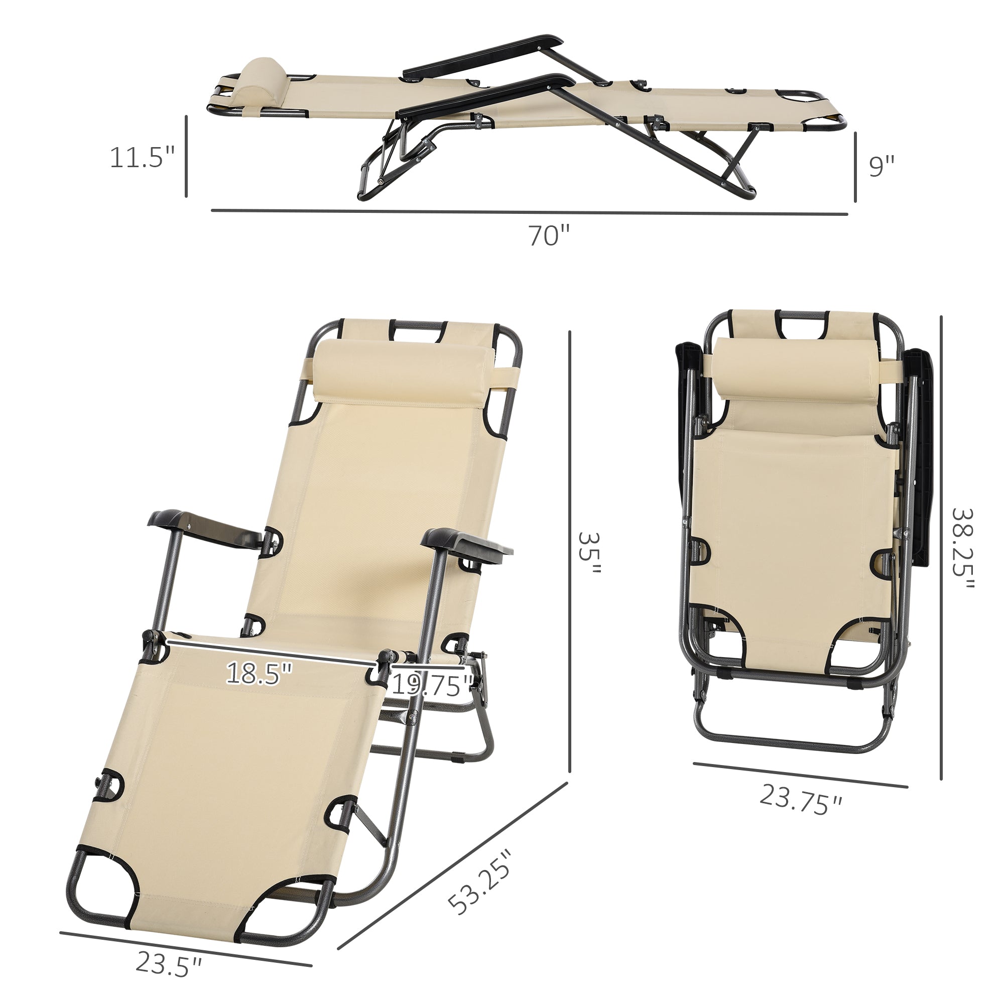 Folding Chaise Lounge Chair, Outdoor Portable 2-Level Adjustable Recliner Zero Gravity Chair with Headrest Pillow, Beige Lounger Chairs   at Gallery Canada