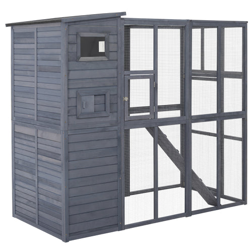 Outdoor Wooden Catio with 4 Tier Main House, Ramp, Platforms, Asphalt Roof, Ramps, Sliding Door, Window, Grey