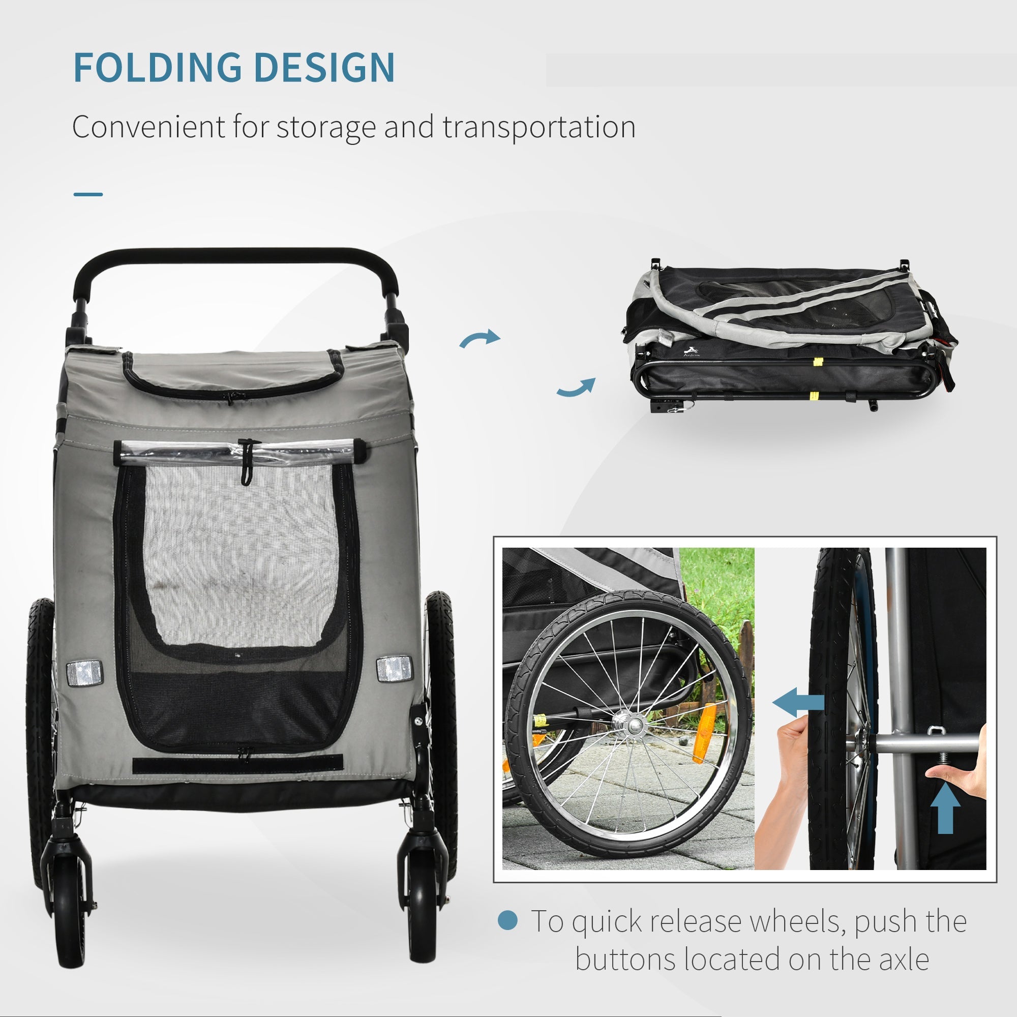 Dog Bike Trailer, 2-in-1 Dog Wagon Pet Stroller for Travel with Universal Wheel Reflectors Flag, for Small and Medium Dogs, Grey Dog Bike Trailers & Strollers   at Gallery Canada