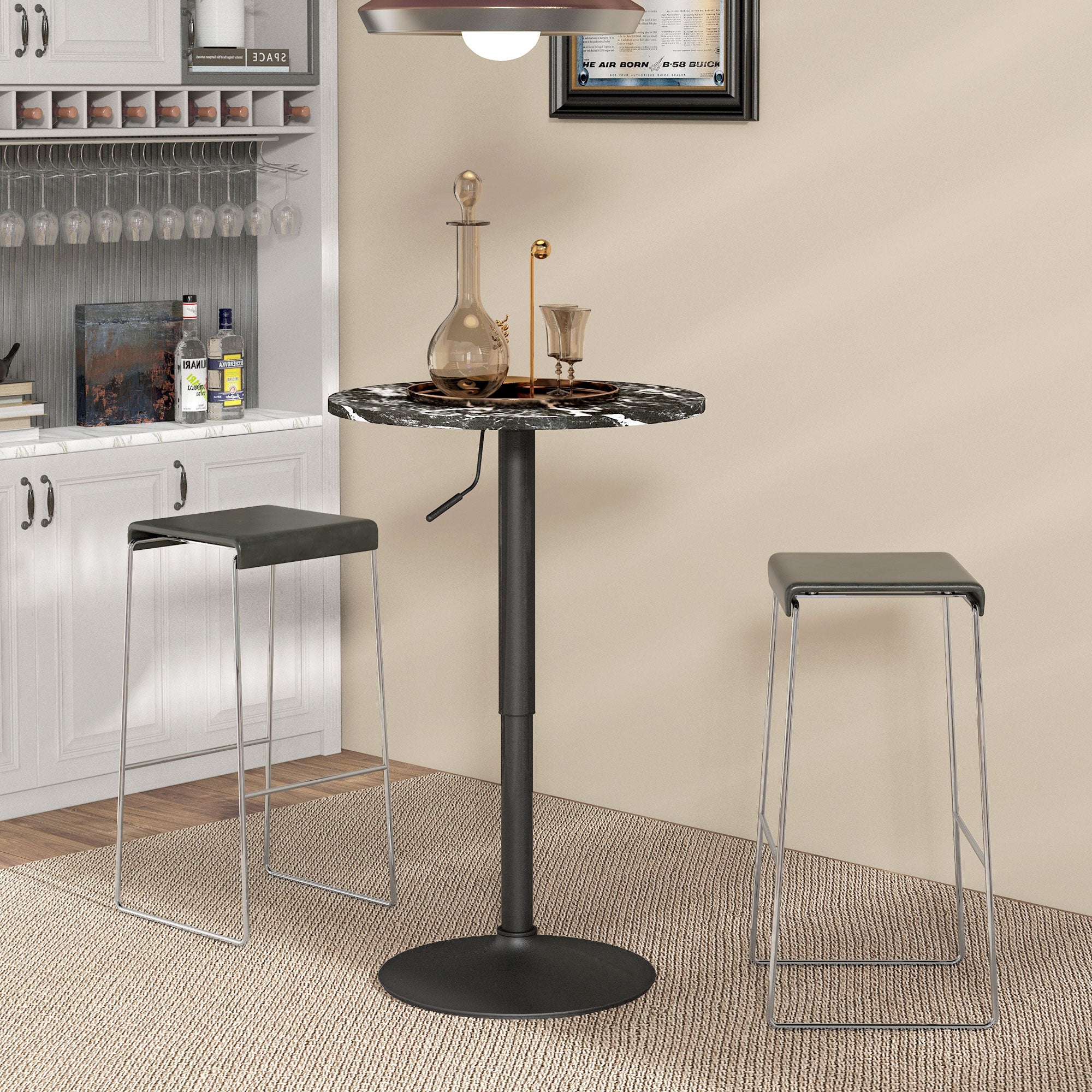 Adjustable Bar Table for 2, Round Pub Table with Steel Base for Home Bar, Small Dining Room, Black Marble Bar Tables Black Marble at Gallery Canada