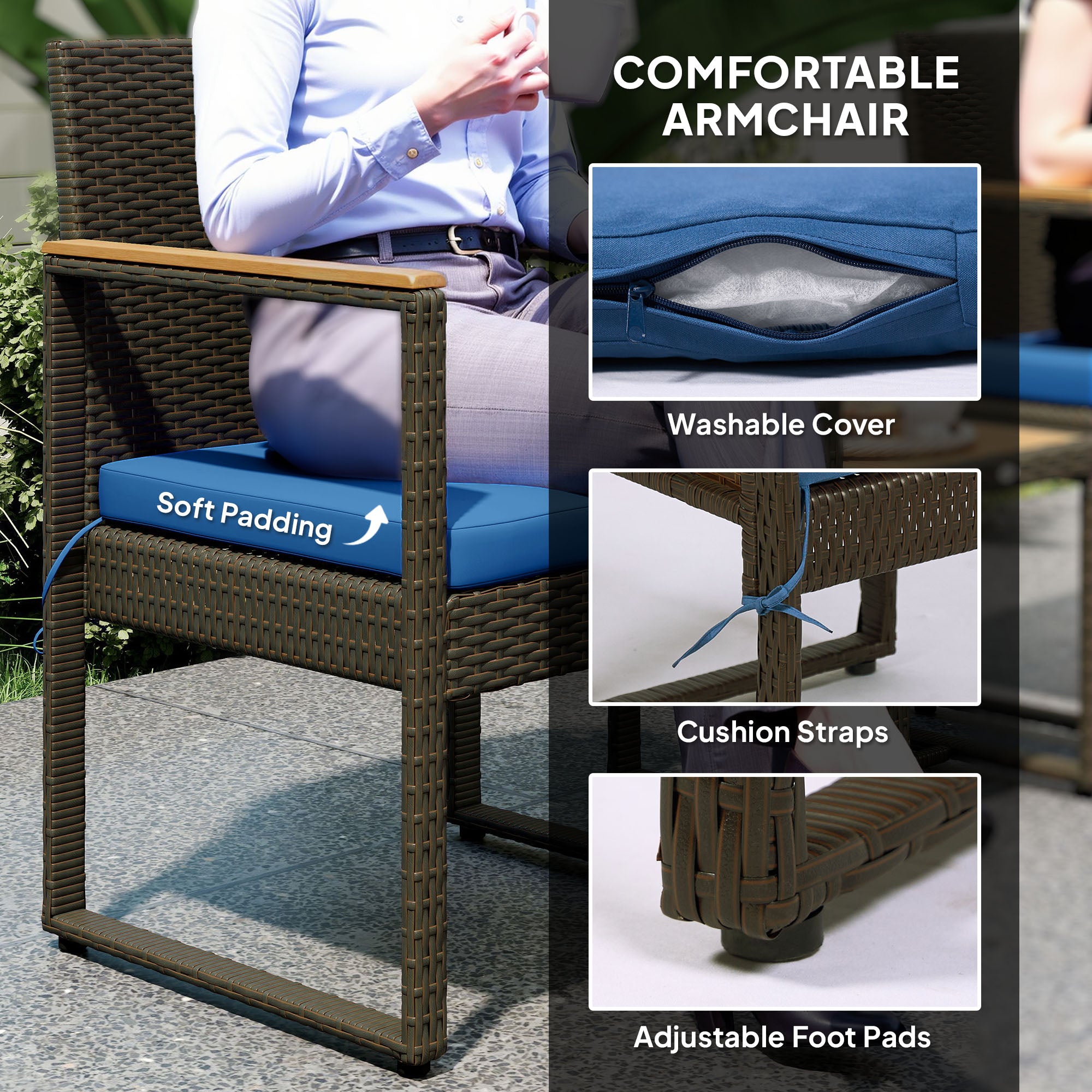 3 Pieces Wicker Patio Furniture Set, Rattan Bistro Set w/ Acacia Wood Table &; Removable Cushions, Dark Blue Bistro Sets at Gallery Canada