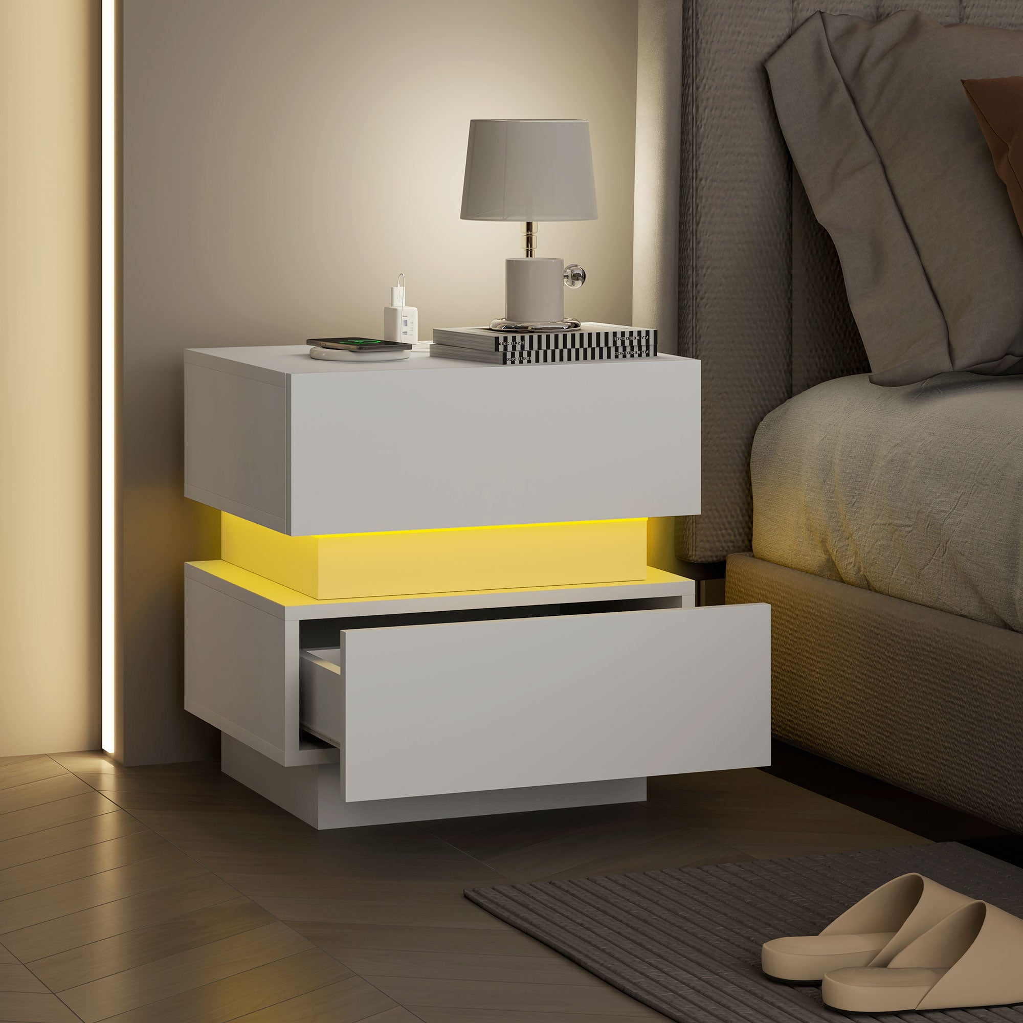 Bedside Table with Charging Station and LED Light Modern Nightstand with USB Ports AC Outlets Drawers Remote, White Bedside Tables at Gallery Canada