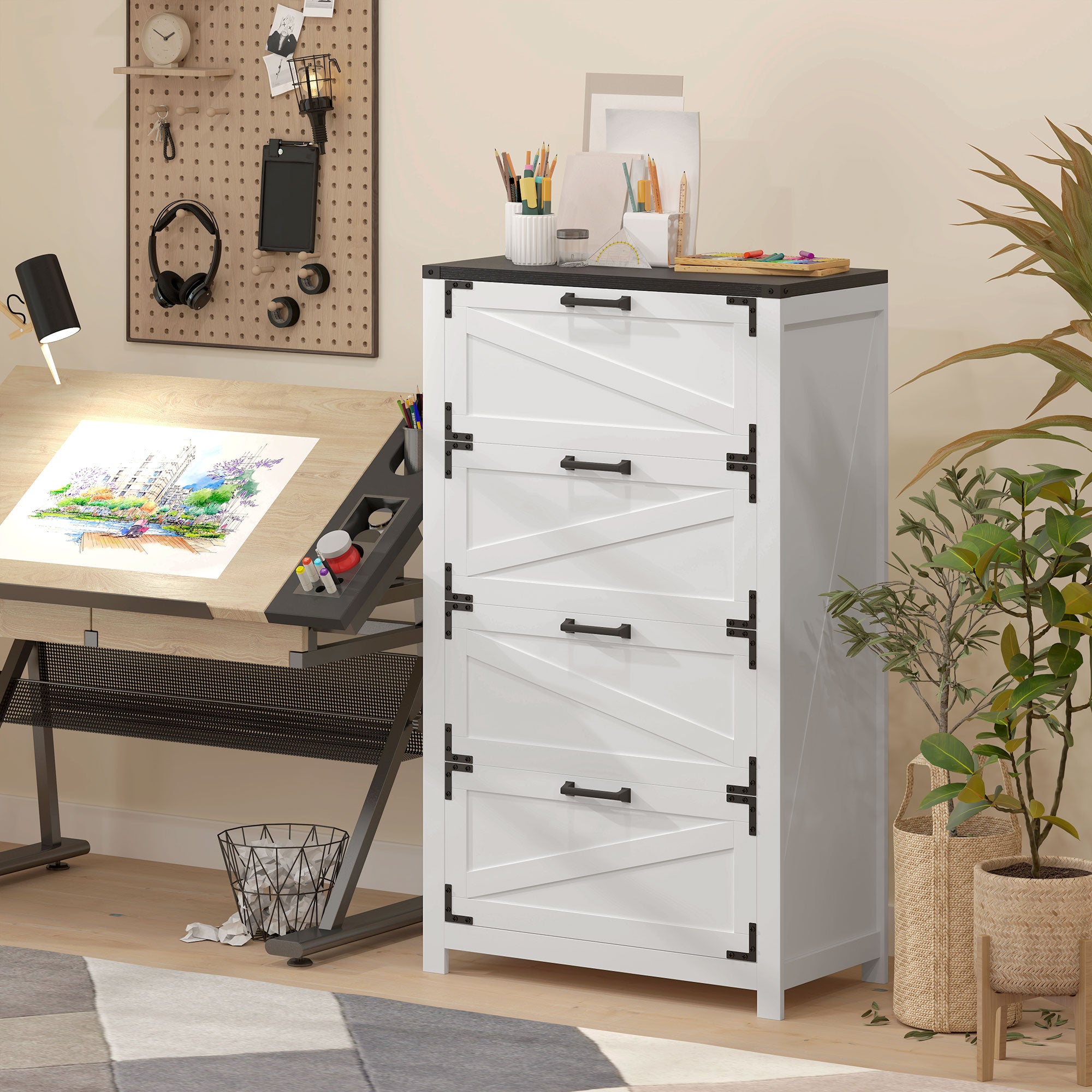 4 Drawer Filing Cabinet, Farmhouse Office Storage Cabinet with Adjustable Hanging Bars for Letter, A4, Legal Size, White Office Cabinets & Cupboards at Gallery Canada