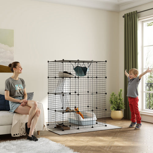 4-Tier DIY Large Cat Cage with Hammock, Platforms, Ramps, Accessories for 1-3 Cats, Indoor Use, Black