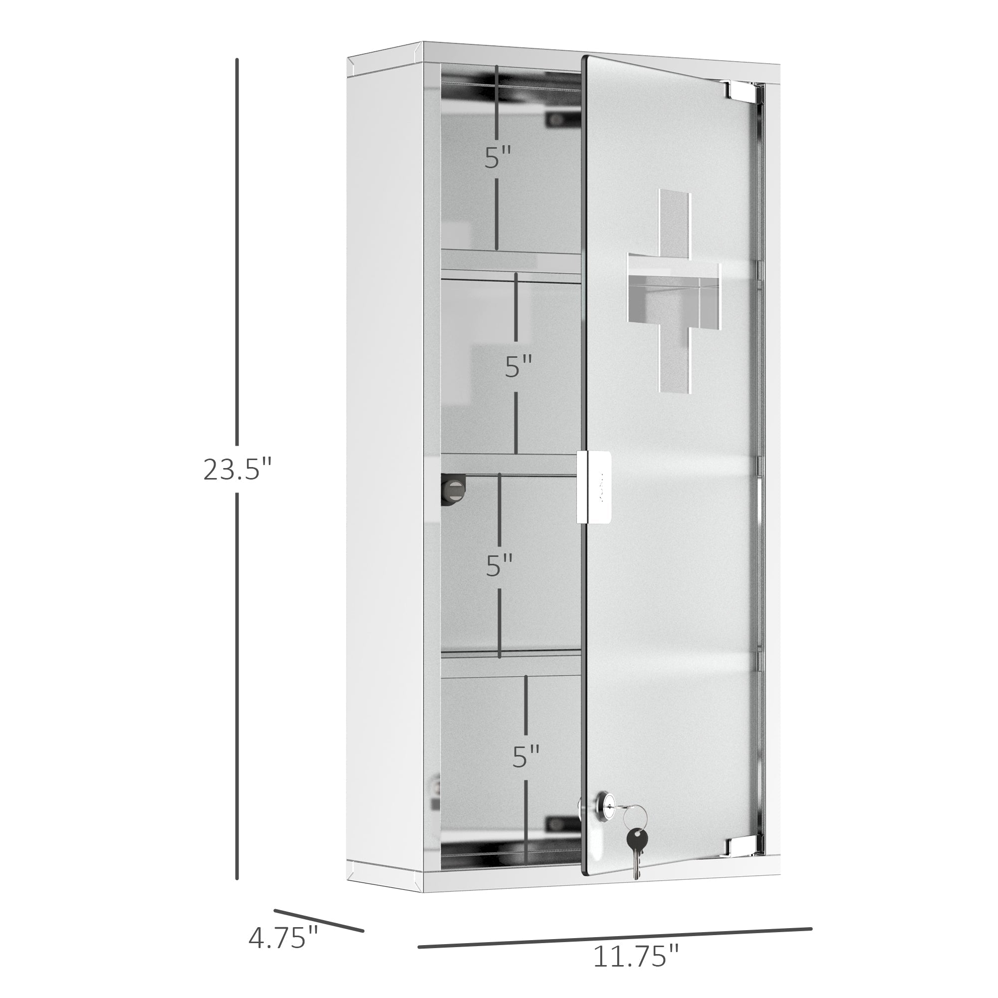 Wall Mount Medicine Cabinet, Bathroom Cabinet with 4 Tier Shelves, Stainless Steel Frame and Glass Door, Lockable with 2 Keys, Silver, 12