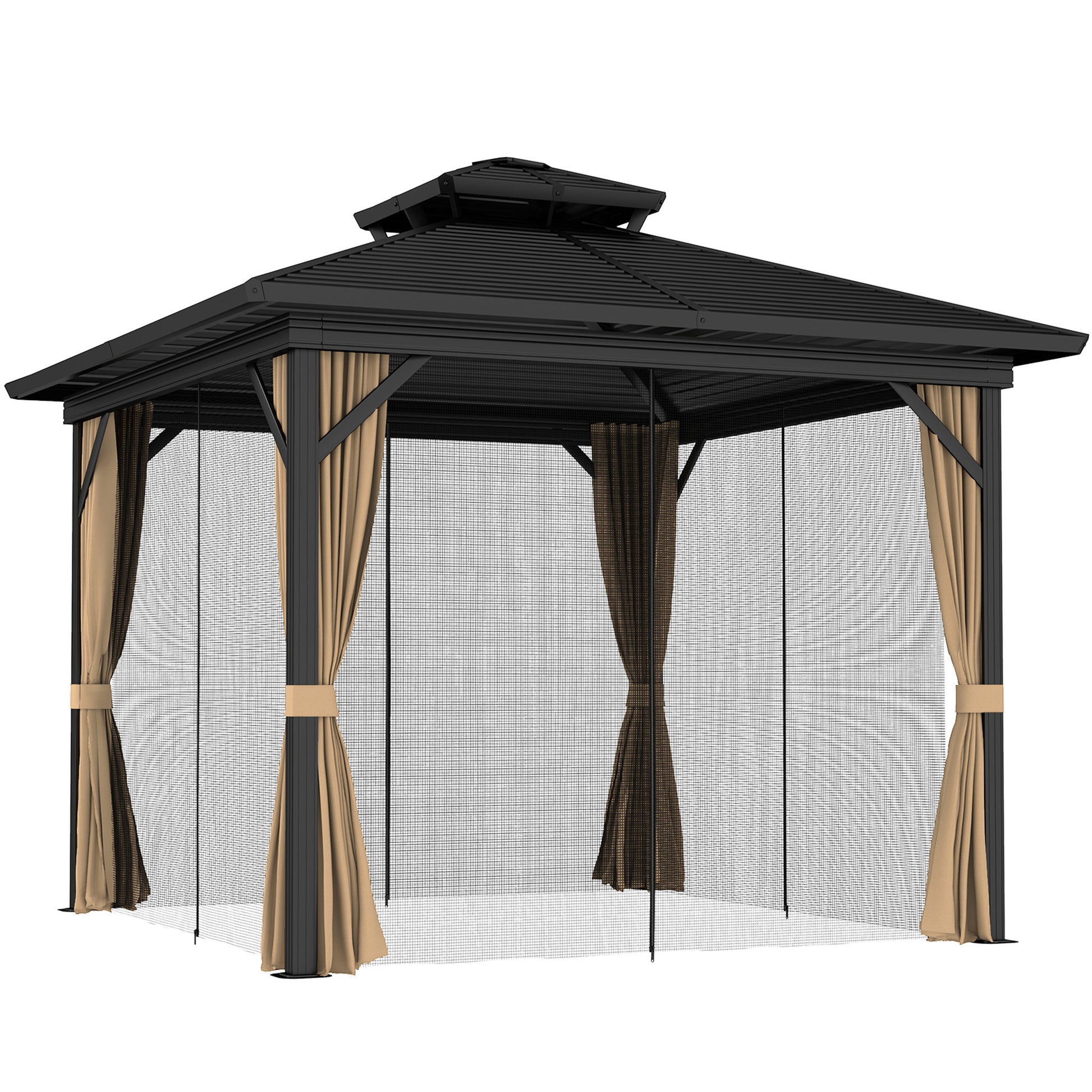 10' x 12' Hardtop Gazebo, Sun Shelter with Double Tier Metal Roof, Mosquito Netting, and Hanging Hook, Dark Brown Gazebos at Gallery Canada