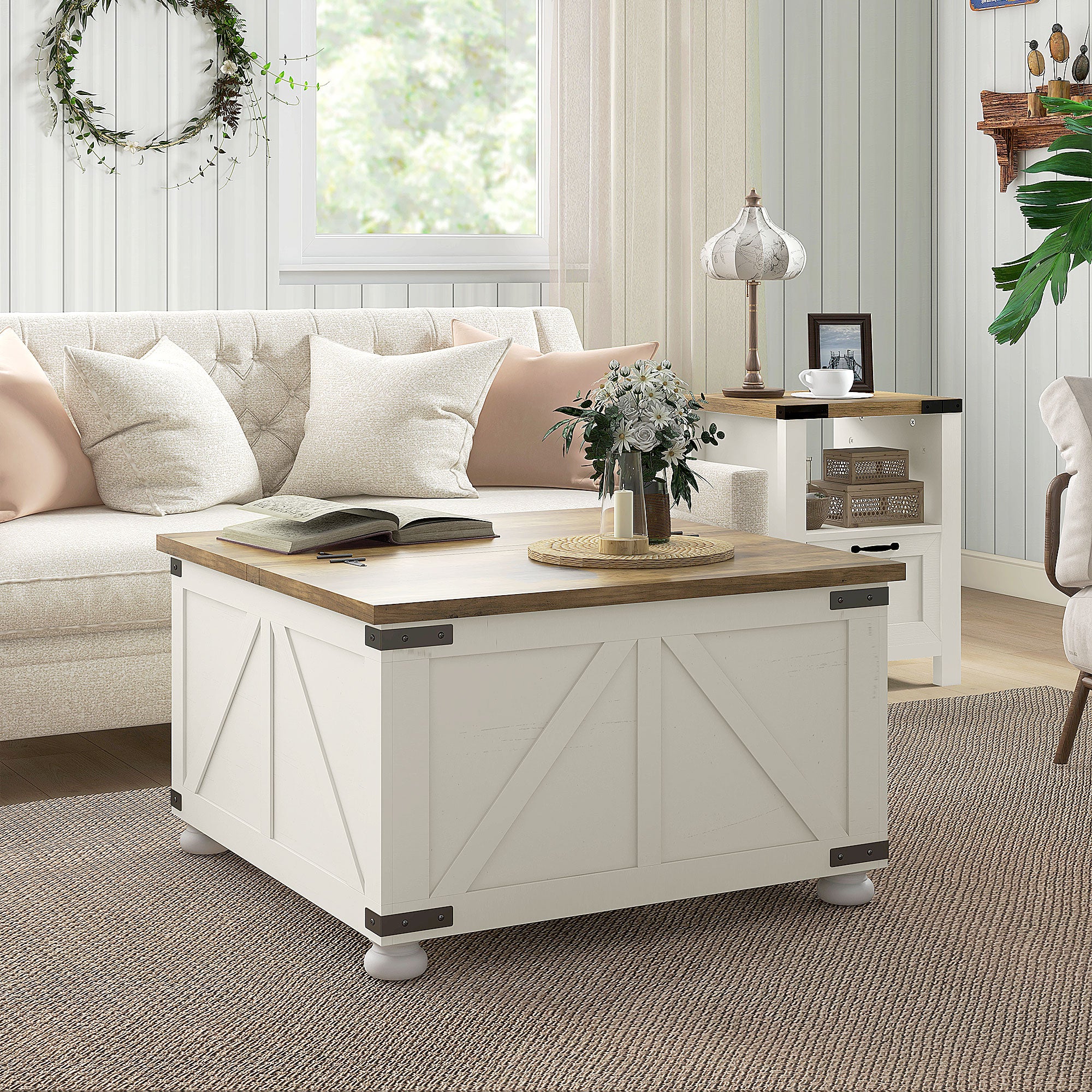 Farmhouse Coffee Table, Square Center Table with Flip-top Lids, Hidden Storage Compartment and Wooden Legs, Antique White Coffee Tables at Gallery Canada