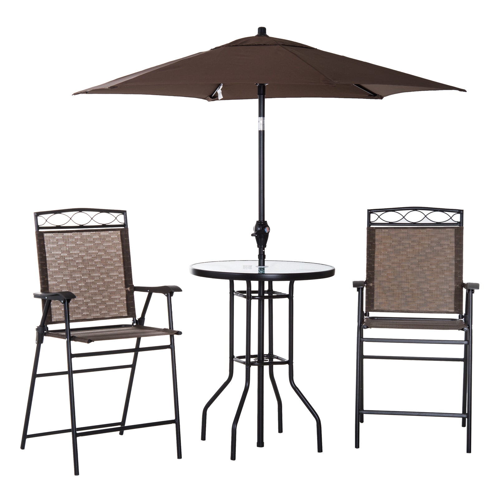 4 Piece Patio Bar Set, Sling Folding Outdoor Furniture with Umbrella for Poolside, Backyard and Garden, Brown Bistro Sets at Gallery Canada