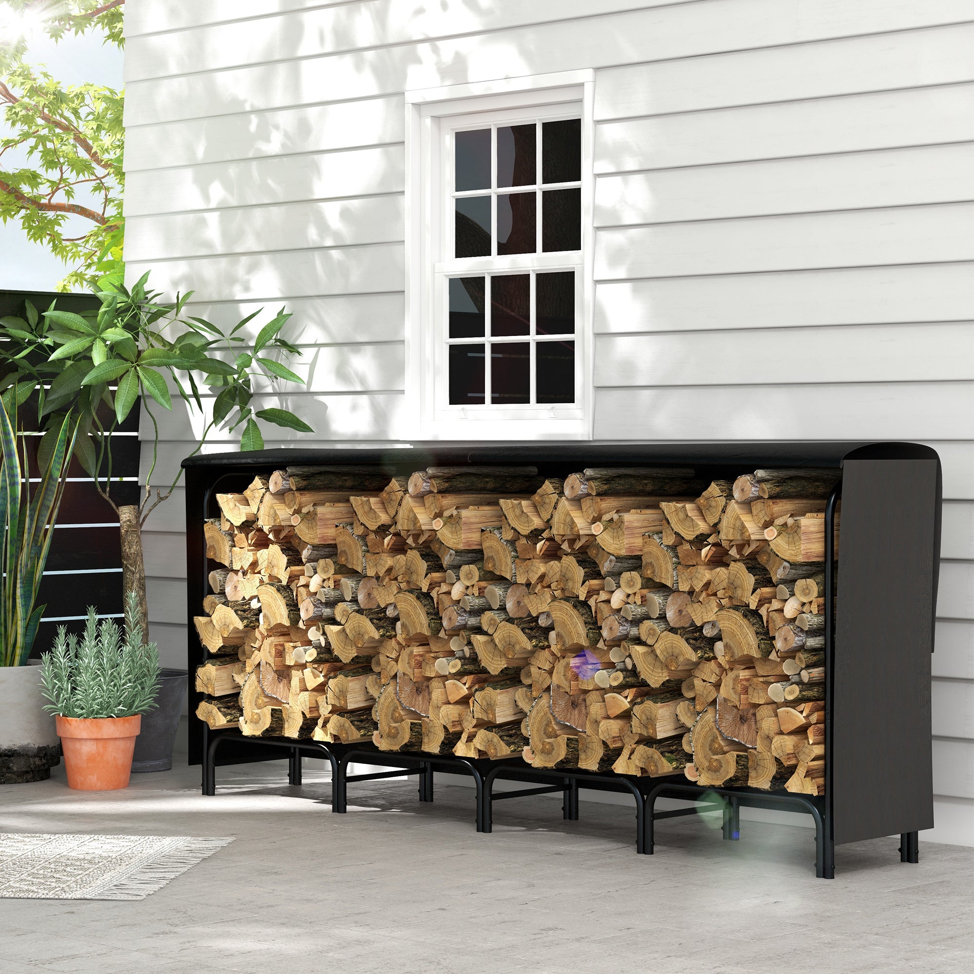 8ft Outdoor Firewood Rack with Cover and Carrier, Adjustable Wood Storage Holder, Indoor Outdoor Log Rack, Black Firewood Racks at Gallery Canada
