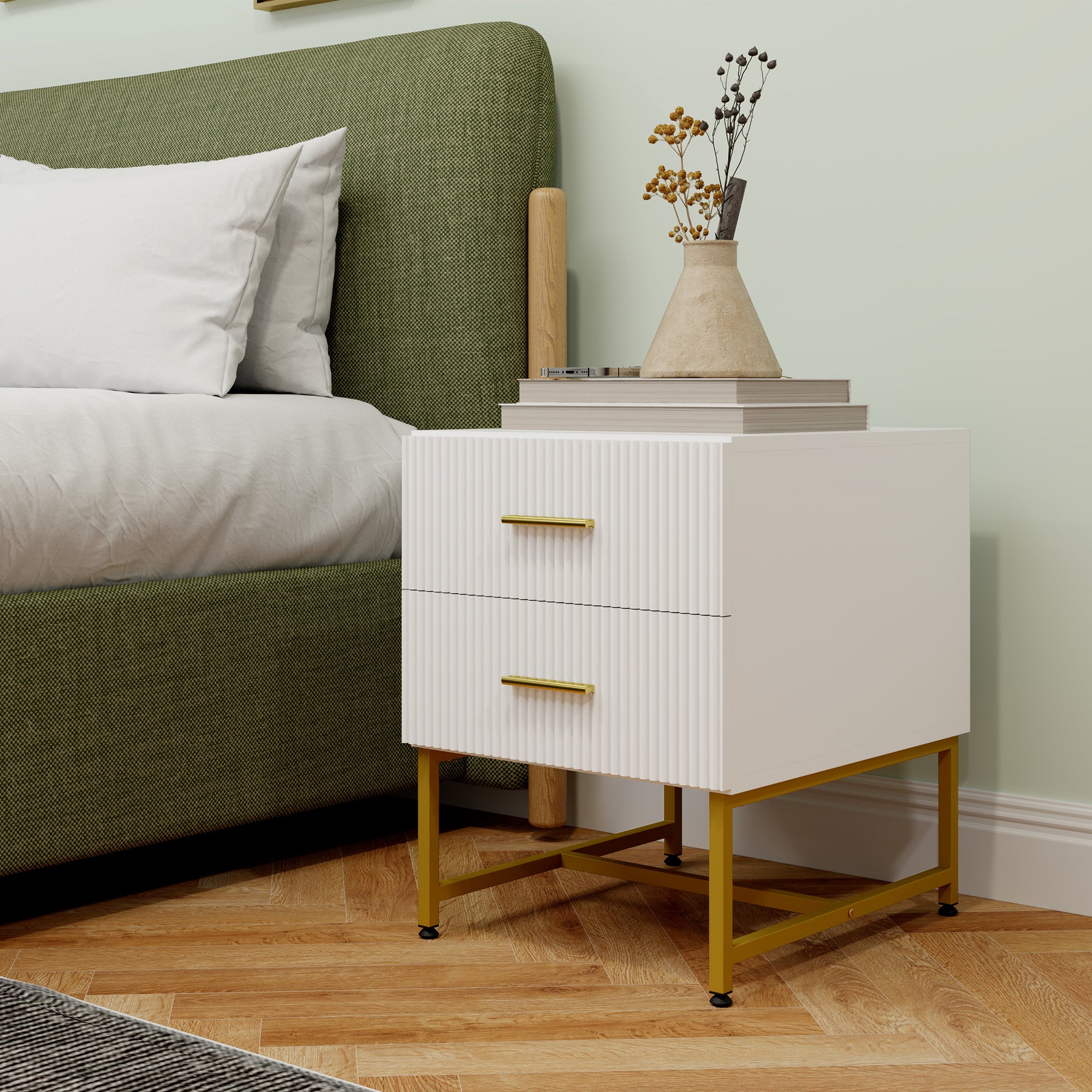 2 Pieces Nightstands with Storage, Modern Bedside Tables with 2 Fluted Drawers and Gold Legs for Bedroom, White Bedside Tables at Gallery Canada