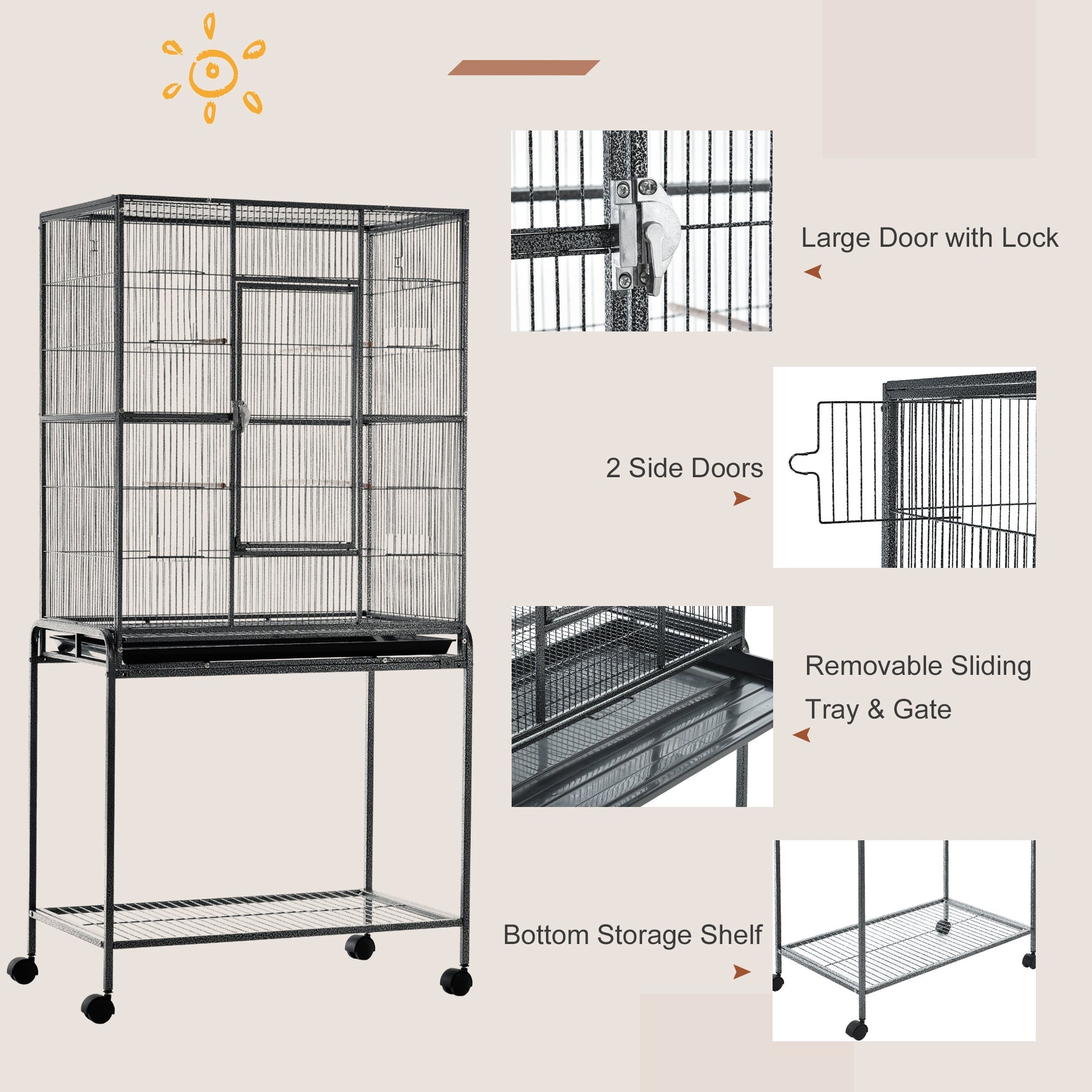 Extra Large 64" Rolling Metal Parrot Cage with Stand, Perch, and Storage, Multi-Colour Bird Cages   at Gallery Canada