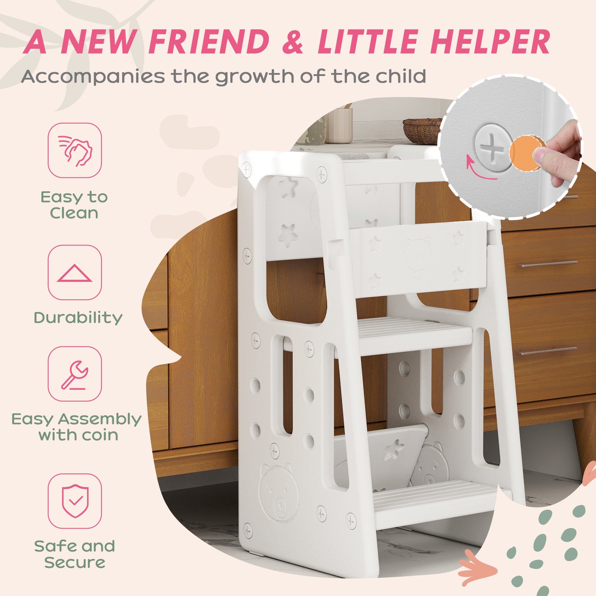 Toddler Kitchen Helper 2 Step Stool with Adjustable Height Platform and Safety Rail, White Toddler & Kids Step Stools at Gallery Canada