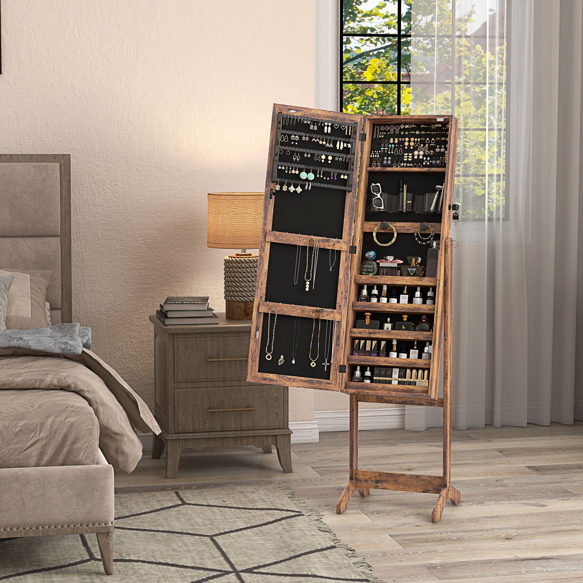 Lockable Jewelry Armoire with LED Light, Standing Mirror with Storage for Bedroom Dressing Room, Rustic Brown Jewelry Armoire & Jewellery Mirror Cabinets at Gallery Canada