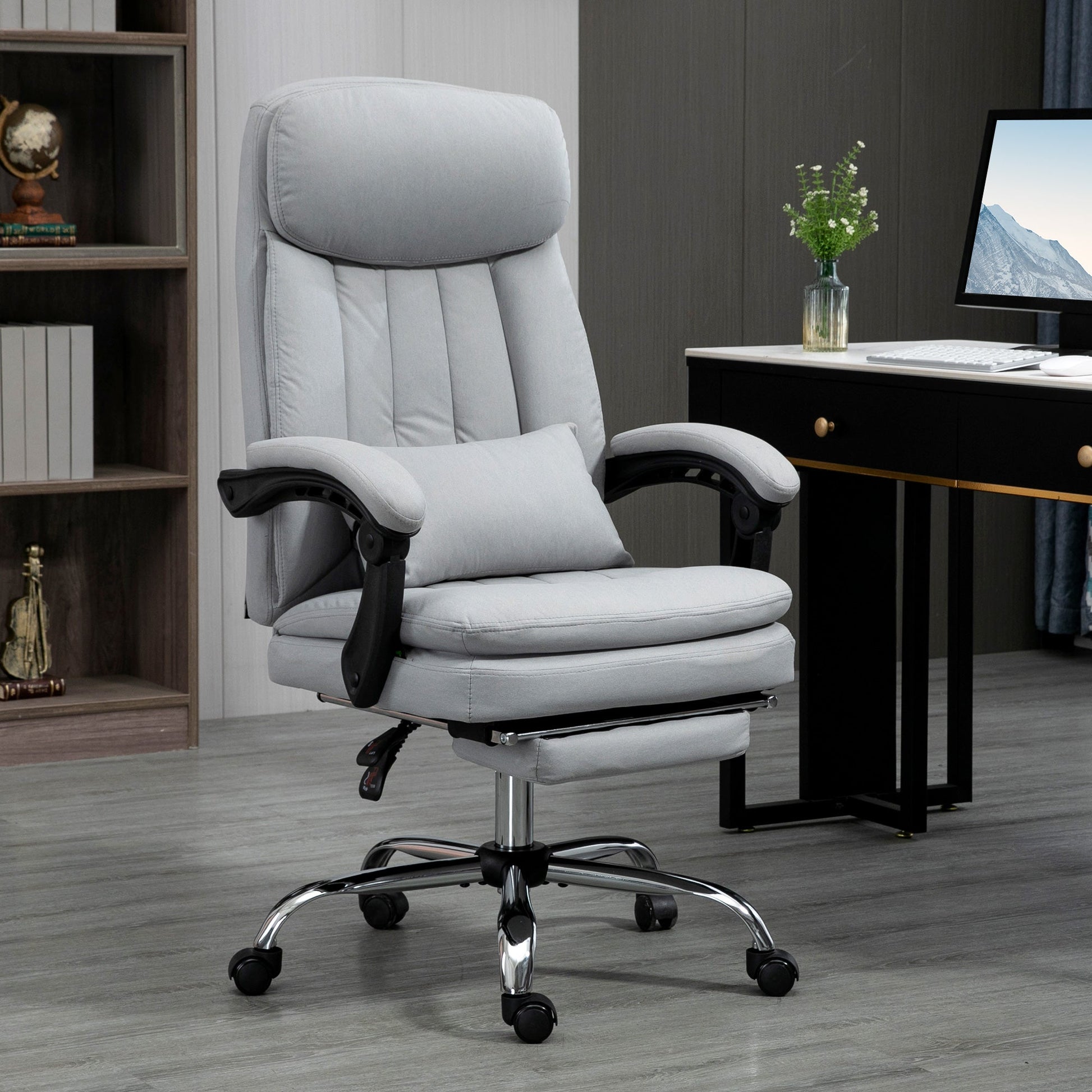 High Back Office Chair, Microfibre Computer Desk Chair with Lumbar Support Pillow, Foot Rest, Reclining Back, Arm, Grey Executive & Manager Chairs   at Gallery Canada