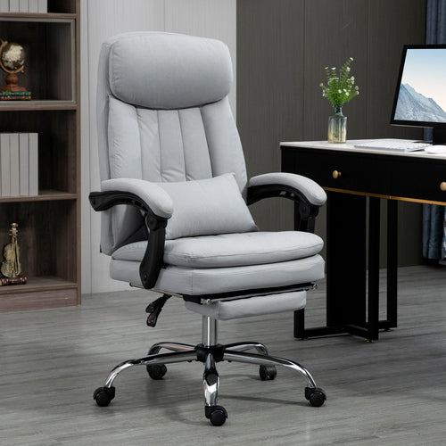 High Back Office Chair, Microfibre Computer Desk Chair with Lumbar Support Pillow, Foot Rest, Reclining Back, Arm, Grey