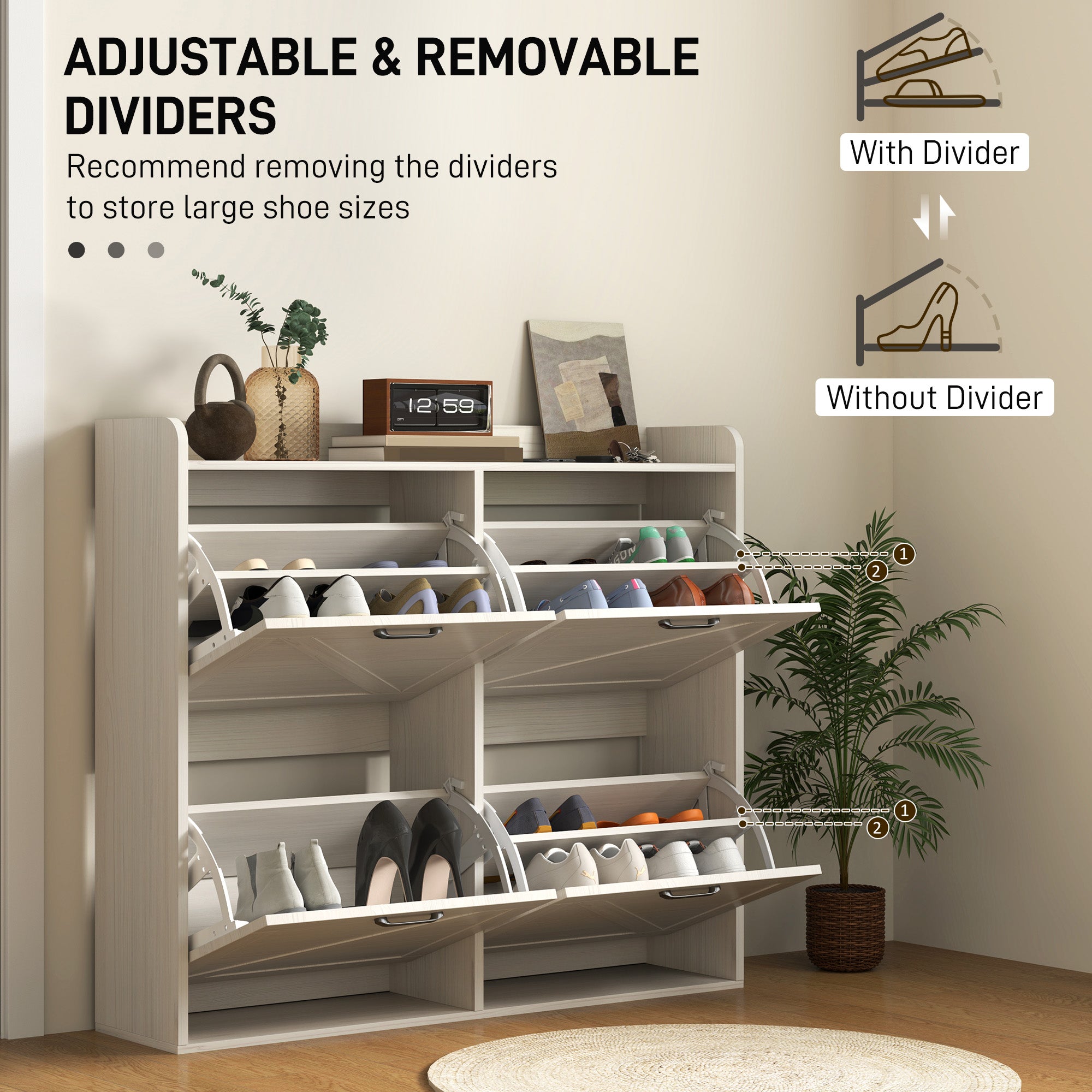 Narrow Shoe Storage Cabinet with 4 Flip Drawers, Adjustable Shelves, 16 Pair Farmhouse Shoe Cabinet, White Oak Shoe Storage Cabinets & Racks at Gallery Canada
