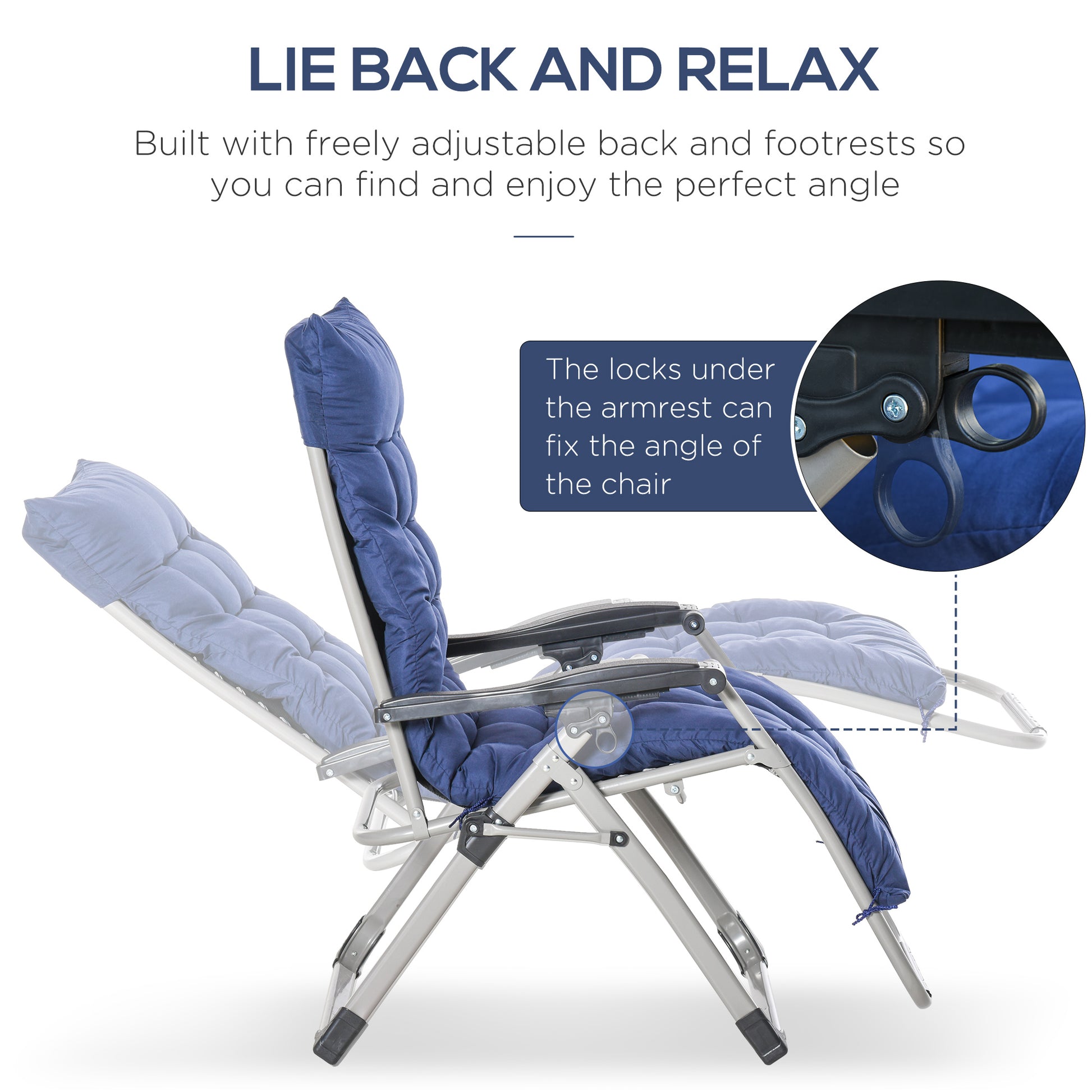 Reclining Zero Gravity Chair with Adjustable Backrest, Folding Garden Sun Lounger with Removable Cushion and Headrest, Dark Blue Lounger Chairs   at Gallery Canada