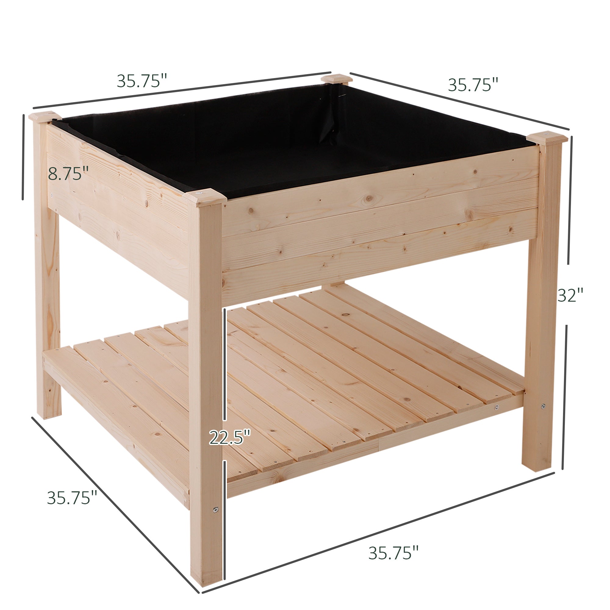 Wooden Raised Garden Bed with Liner, Drainage, Shelf, Legs, 35.75