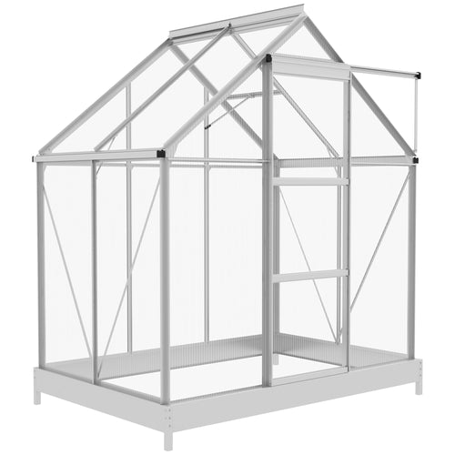 6' x 4' Walk-In Greenhouse, Polycarbonate Greenhouse with Sliding Door, Window, Aluminium Frame, Foundation, Silver