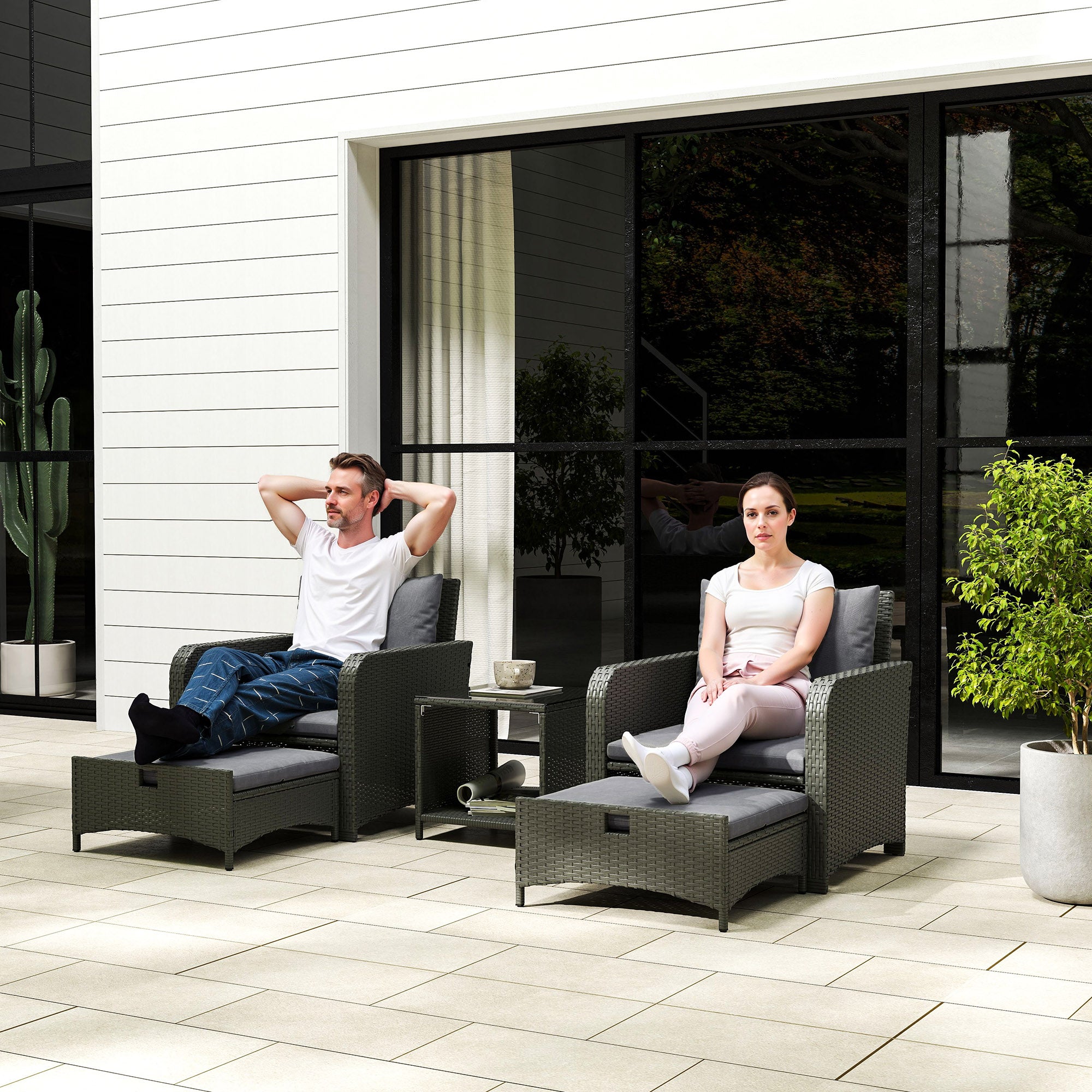 5 Piece Rattan Balcony Furniture Set, Wicker Outdoor Furniture Set with 2-Tier Coffee Table, Ottomans, Grey Patio Furniture Sets at Gallery Canada