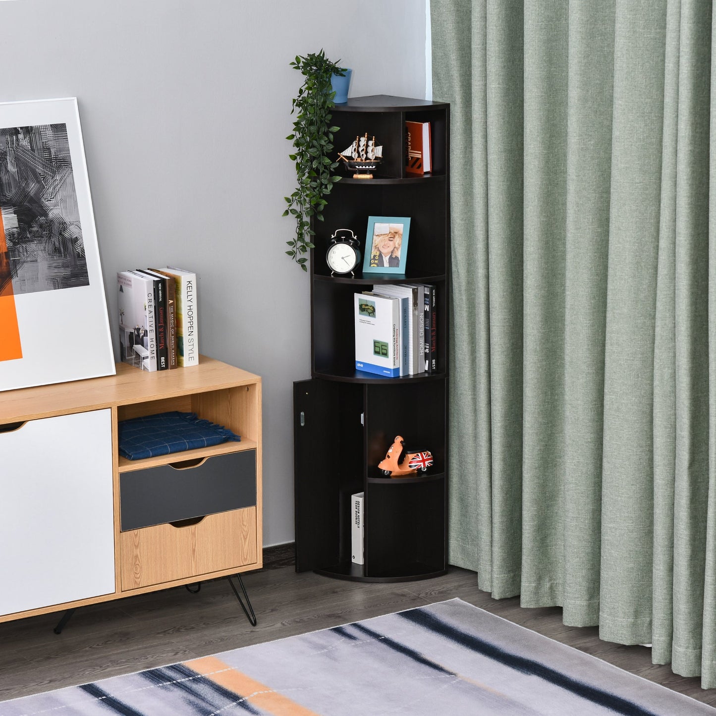 5-Tier Corner Bookcase, Bookshelf, Freestanding Shelf Unit with Storage Compartments and Door Cabinet, Black Bookcases With Doors   at Gallery Canada