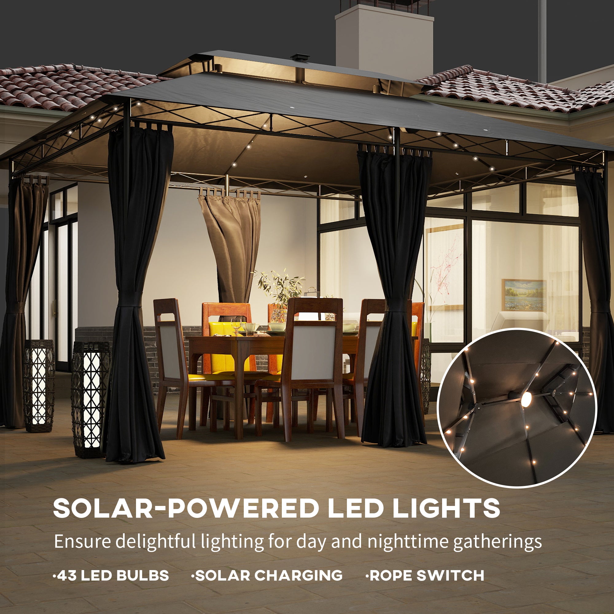 10' x 13' Outdoor Gazebo with Curtains and Solar-Powered LED Lights, Double Roof Patio Gazebo Canopy Shelter Gazebos at Gallery Canada