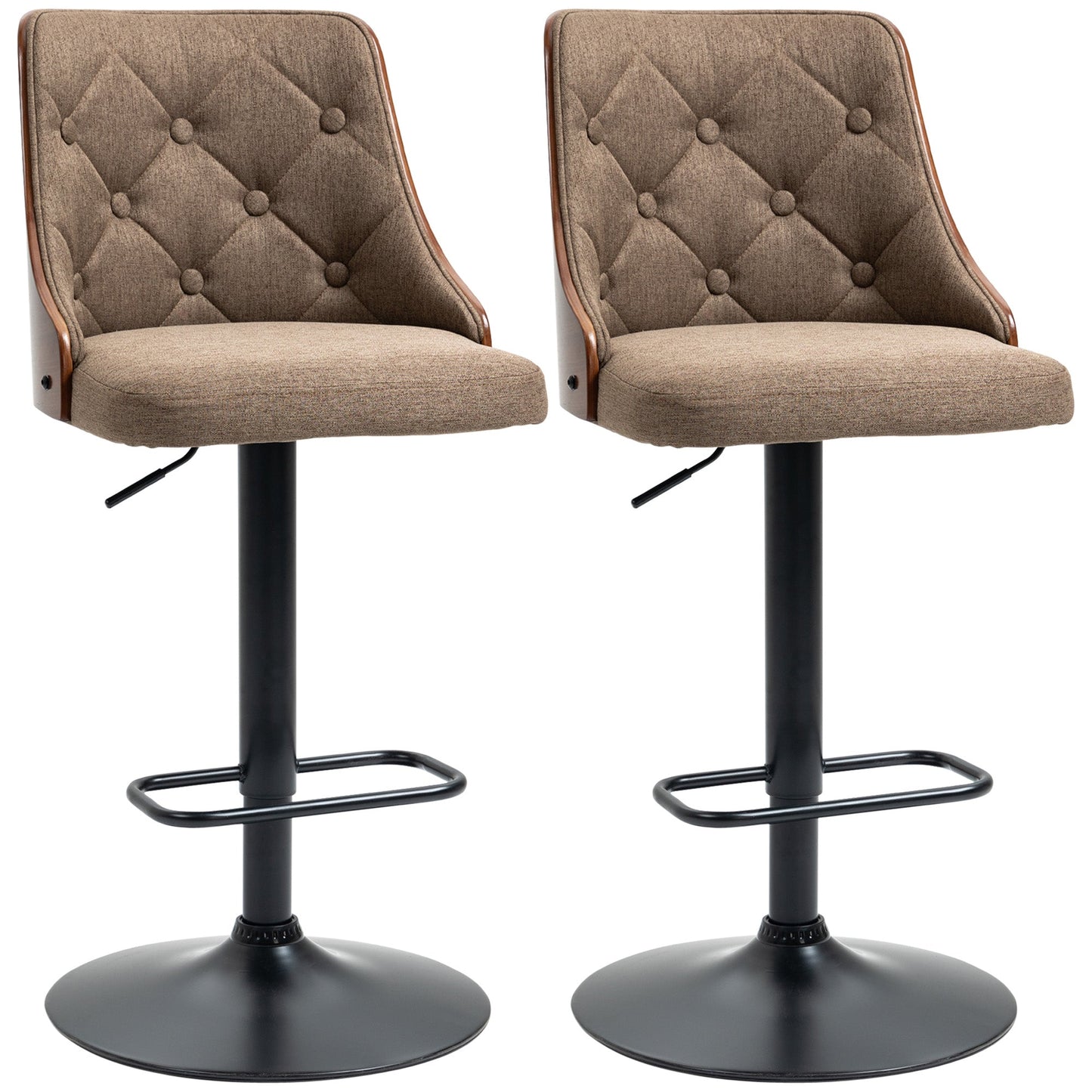 Counter Height Bar Stools Set of 2, Height Adjustable Swivel Barstools with Footrest and Solid Wood Back, Linen Fabric Bar Chairs, Brown Bar Stools   at Gallery Canada