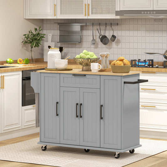 Modern Rolling Kitchen Island Cart with Drawers, Natural Wood Top, Towel Rack, Door Storage Cabinet, Grey Kitchen Islands & Kitchen Carts   at Gallery Canada