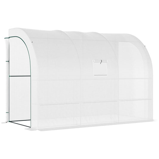 Walk-in Wall Lean-to Greenhouse, 10' x 5' x 7' Outdoor Gardening Green House with PE Cover, Windows, Shelves and 2 Zipper Doors, White Walk In Greenhouses White  at Gallery Canada