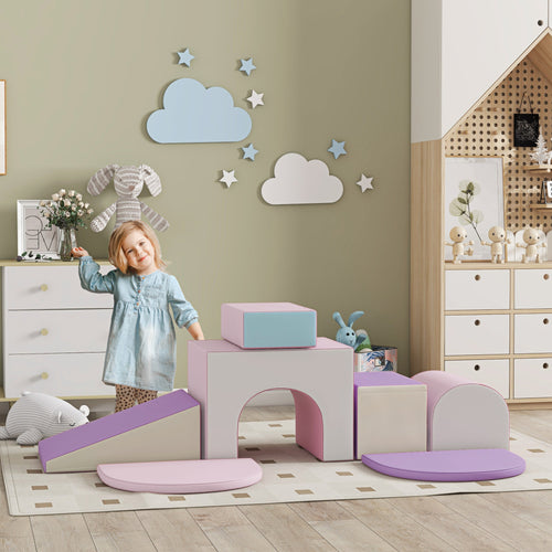 7 Piece Indoor Soft Play for Toddlers Climb and Crawl - Pink/ Purple