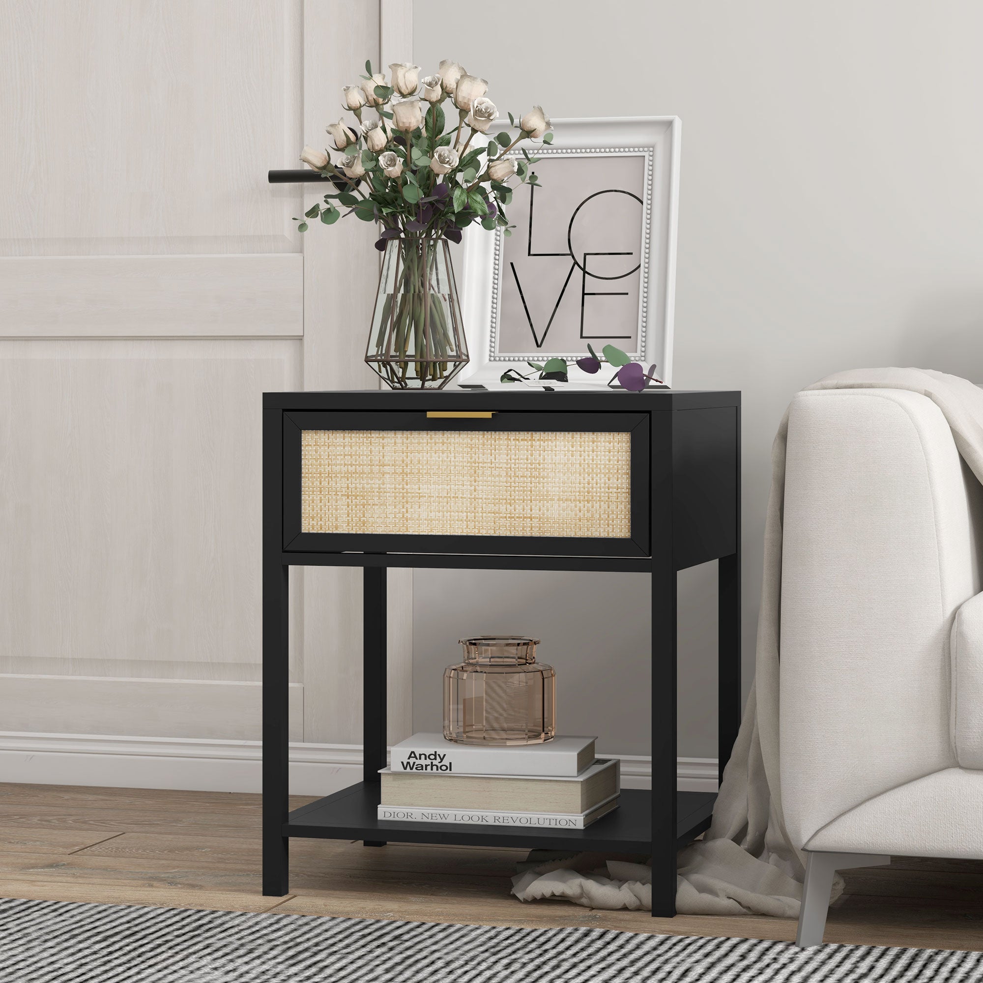 Boho Nightstand, Bedside Table with Rattan Drawer and Open Shelf, Side End Table for Bedroom, Living Room, Black Bedside Tables at Gallery Canada