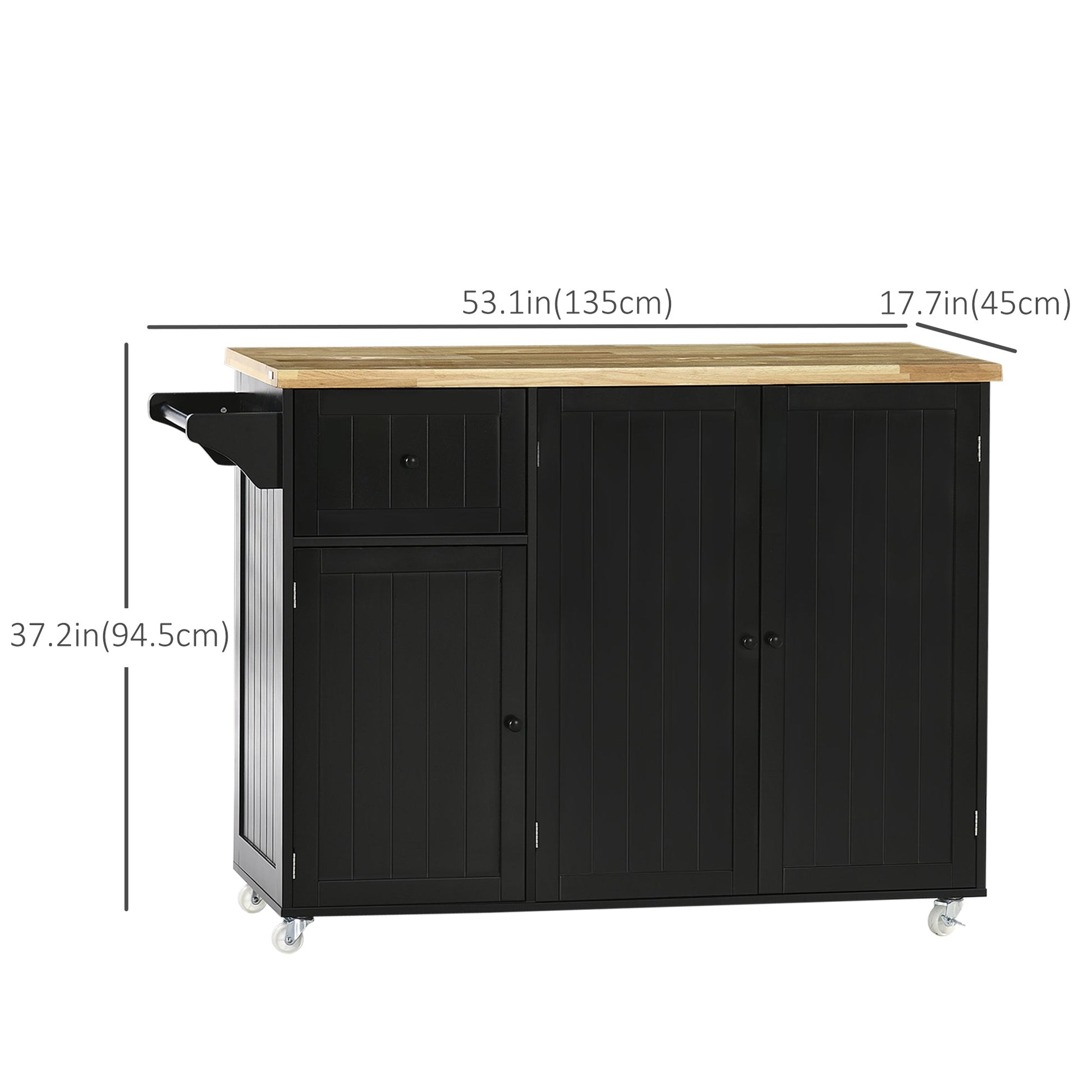 Rolling Kitchen Island on Wheels, Utility Serving Cart with Rubber Wood Top, Towel Rack, Storage Cabinets and Drawer, Black Kitchen Islands & Kitchen Carts   at Gallery Canada