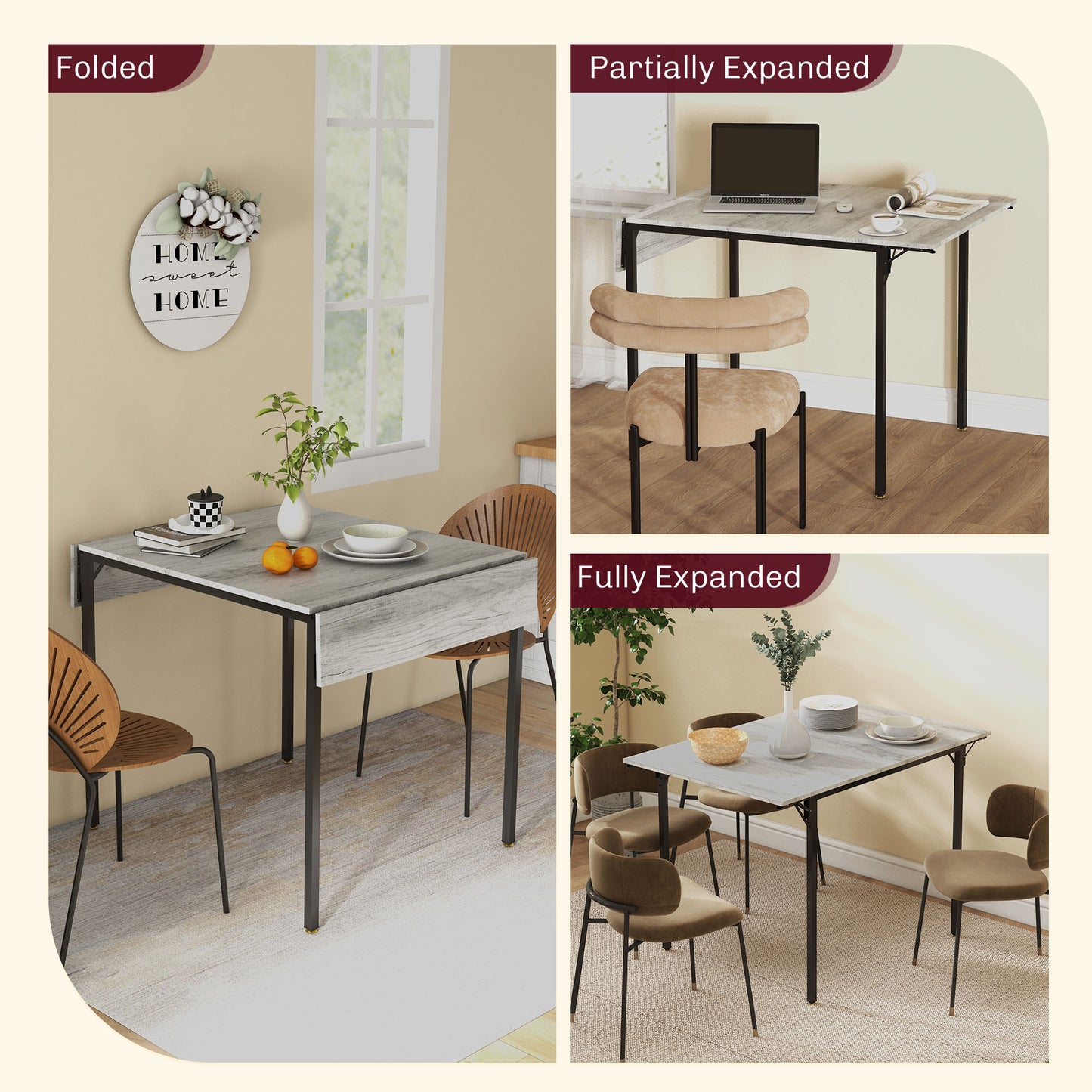 Drop Leaf Folding Dining Table for Small Space, Extendable Kitchen Table for 2 to 4 People, Grey Dining Tables   at Gallery Canada