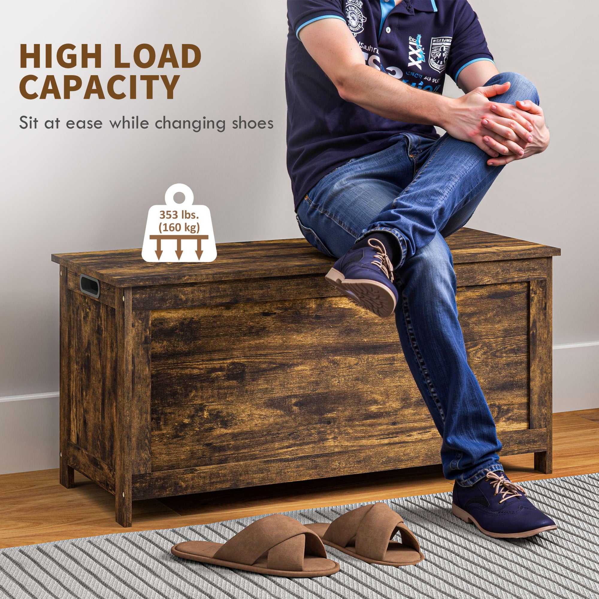Storage Trunk with 2 Safety Hinges, Modern Entryway Bench with Side Handles, Storage Chest for Living Room, Rustic Brown Storage Ottomans & Benches at Gallery Canada