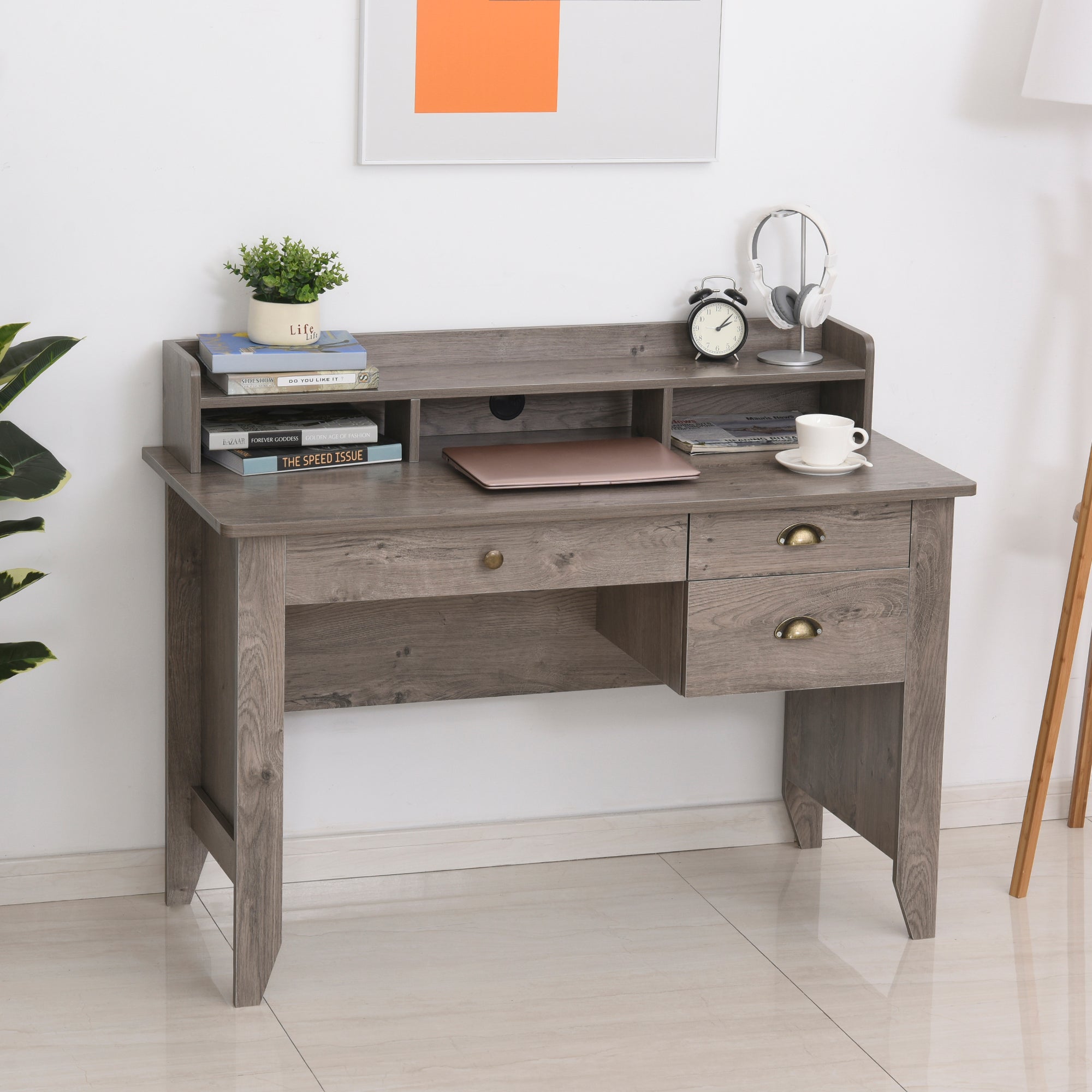 Computer Desk with Storage Hutch, Drawers, Shelf, Home Office Writing Table Study Workstation with Cable Management, Grey Writing Desks   at Gallery Canada