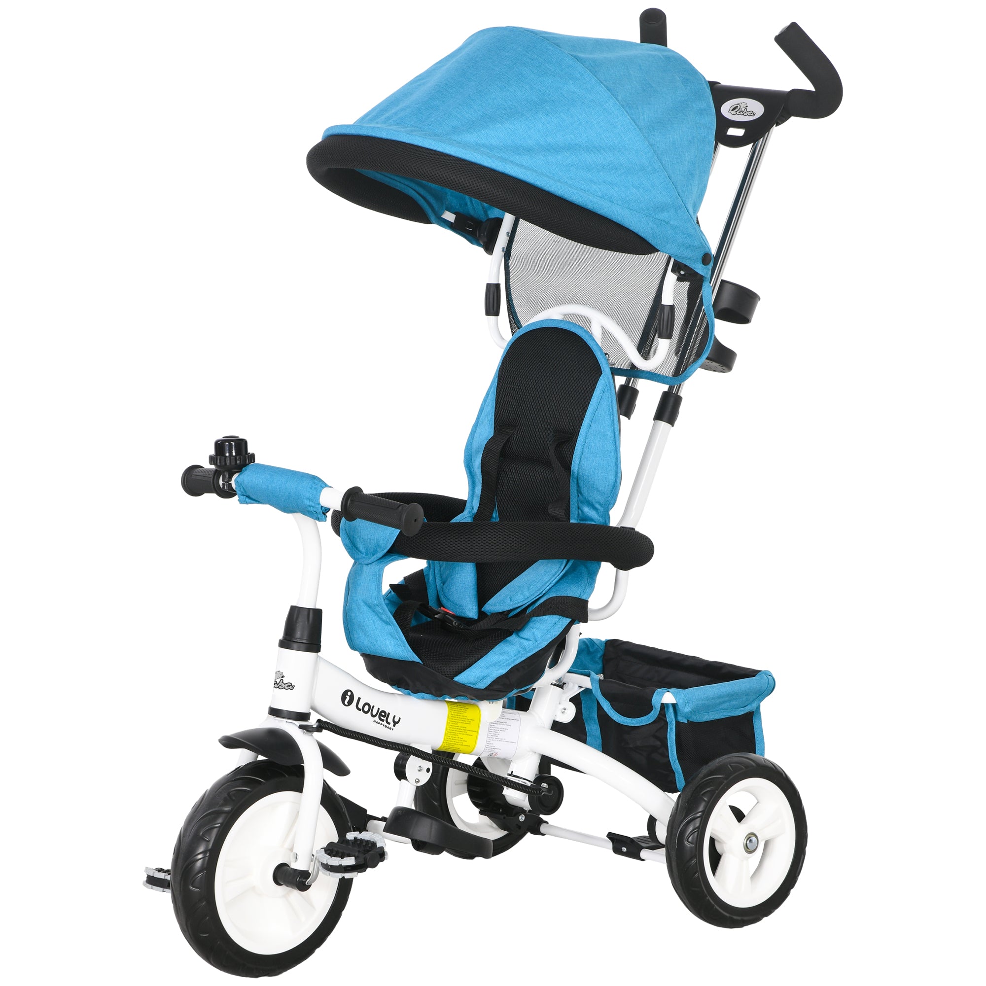 6 in 1 Toddler Tricycle Stroller with Basket, Canopy, 5-point Safety Harness, for 12-60 Months, Blue Tricycles for Kids Blue, White at Gallery Canada