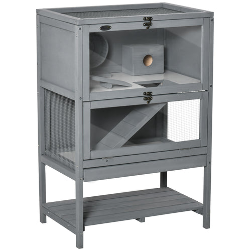 Wooden Hamster Cage, Mice Rodent Small Animals Kit Hutch with Storage, Sliding Tray Seesaw Running Wheel Lockable Roof