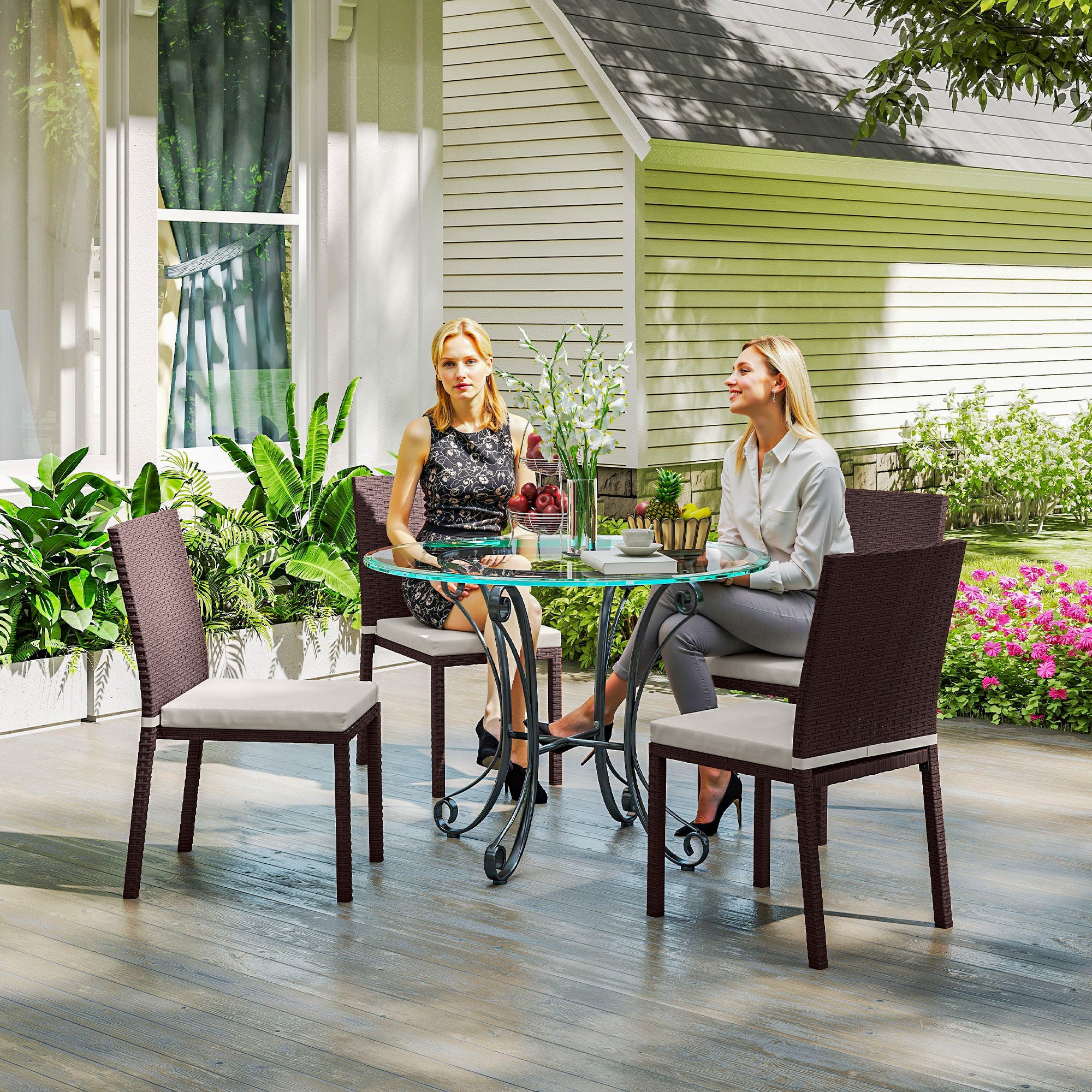 Patio Dining Chairs Set of 4, All Weather Wicker Armless Outdoor Chairs with Steel Frame for Garden, Backyard, Beige Patio Chairs at Gallery Canada