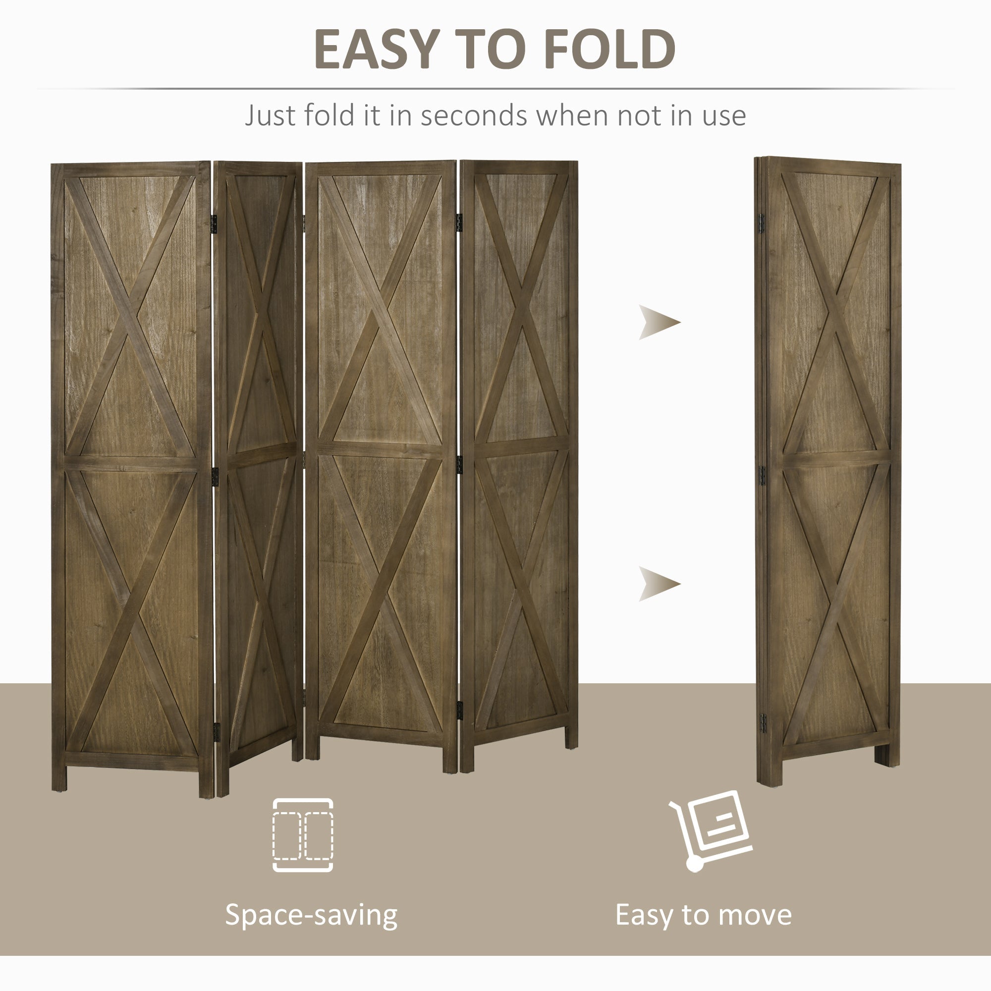 4-panel Wall Partition Farmhouse Room Separator with Foldable Design Wooden Frame 5.6FT, Brown Room Dividers   at Gallery Canada