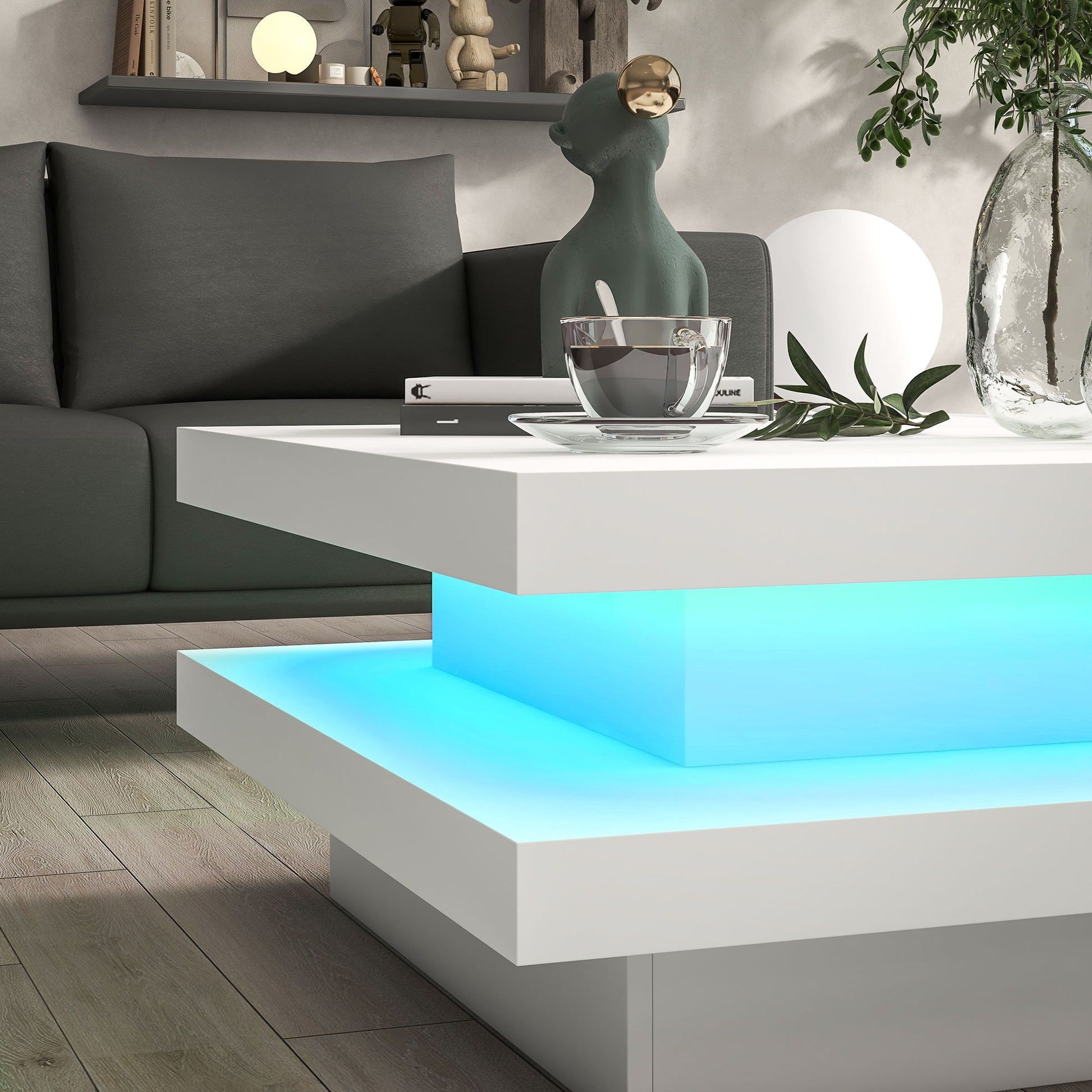 Square Coffee Table with 7 LED Lights and Remote, 2-Tier Modern Center Table for Living Room, White Coffee Tables   at Gallery Canada