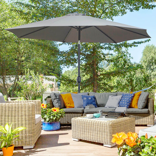 10' x 8' Round Market Umbrella, Patio Umbrella with Crank Handle and Tilt, Outdoor Parasol for Garden, Bench, Lawn, Grey