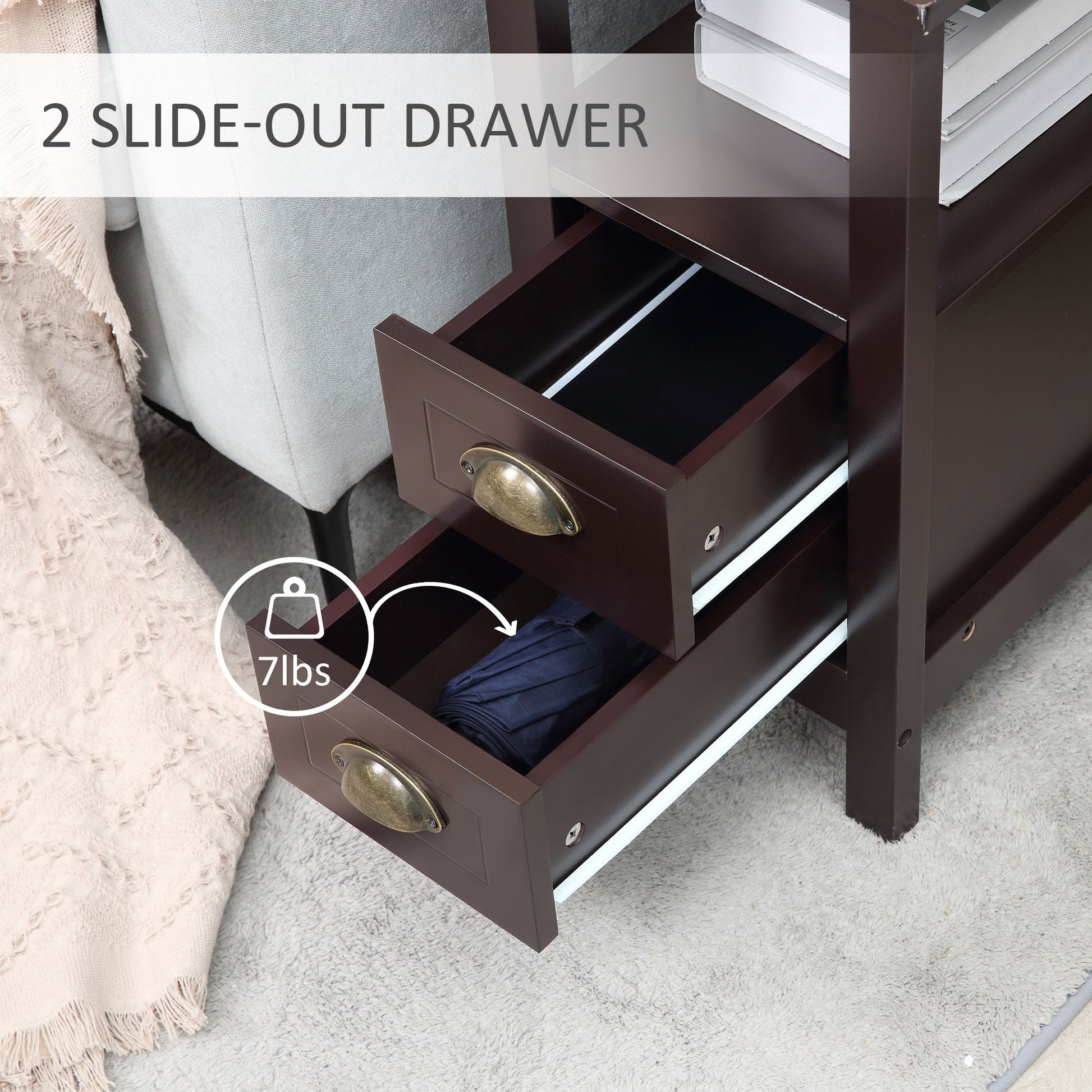 Slim End Table with 2 Drawers and Storage Shelf, Sofa Side Table for Living Room, Narrow Nightstand, Coffee Side Tables   at Gallery Canada