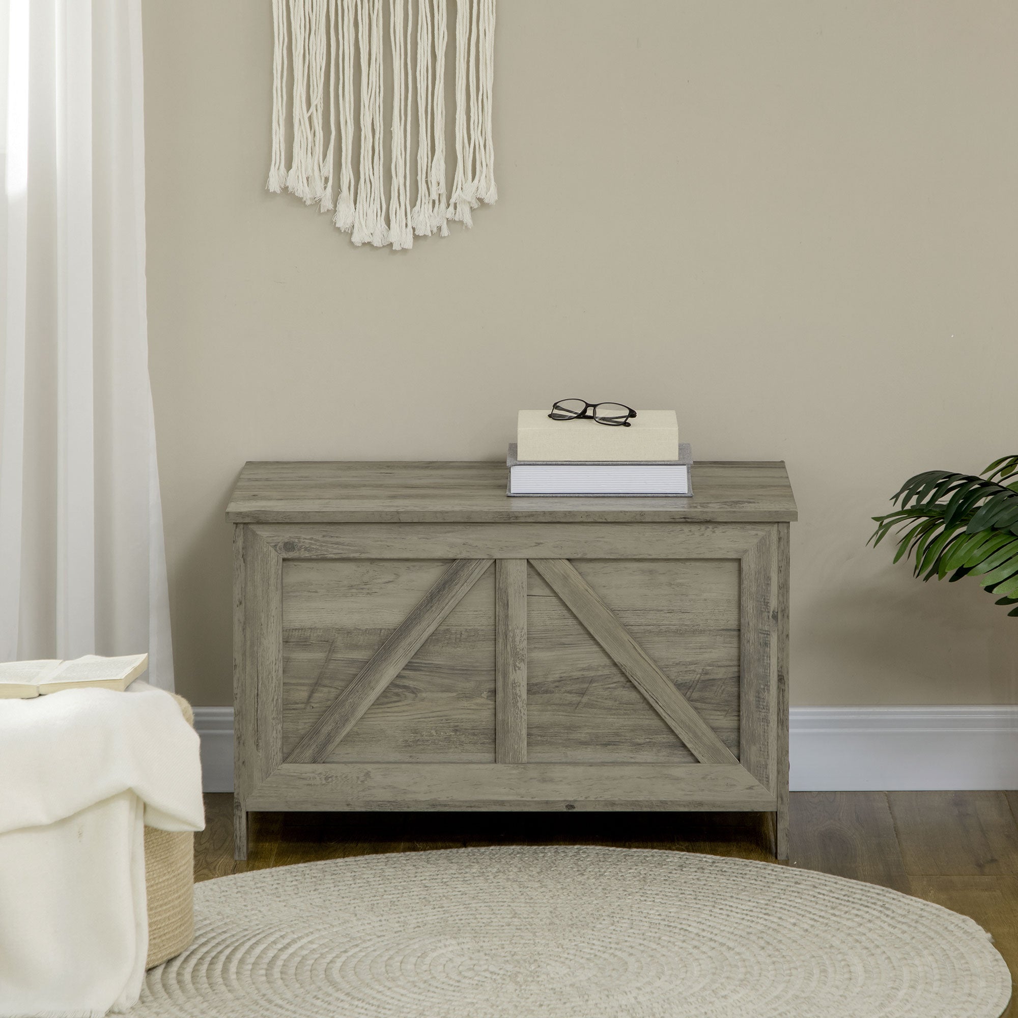 Storage Trunk Box Organizer with Farmhouse Panel, Safety Hinge to Open Up 100°, Grey Wood Grain Storage Cabinets at Gallery Canada