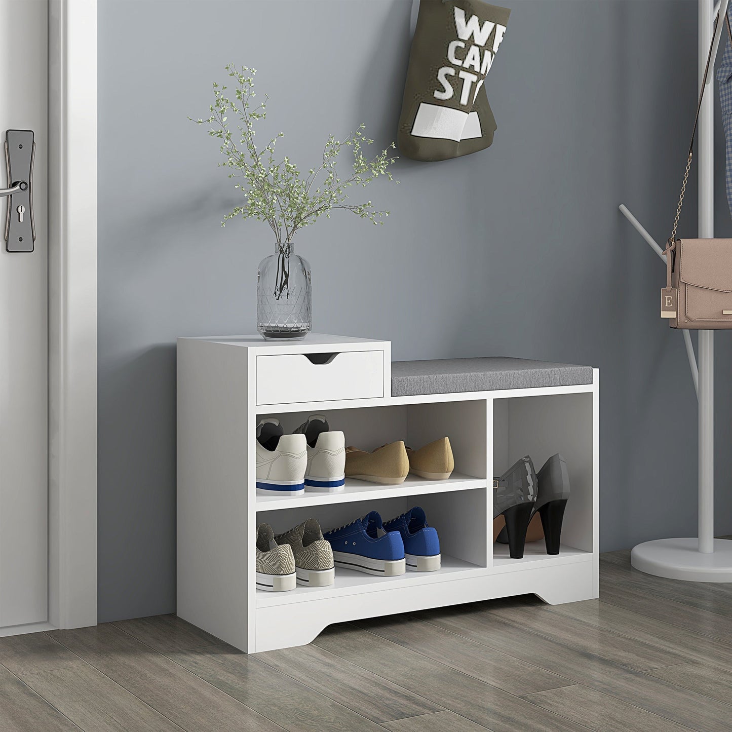 Upholstered Shoe Storage Bench, Shoe Storage with Seat, Entrance Bench with Drawer and 3 Open Shelves for Hallway Shoe Storage Cabinets & Racks   at Gallery Canada